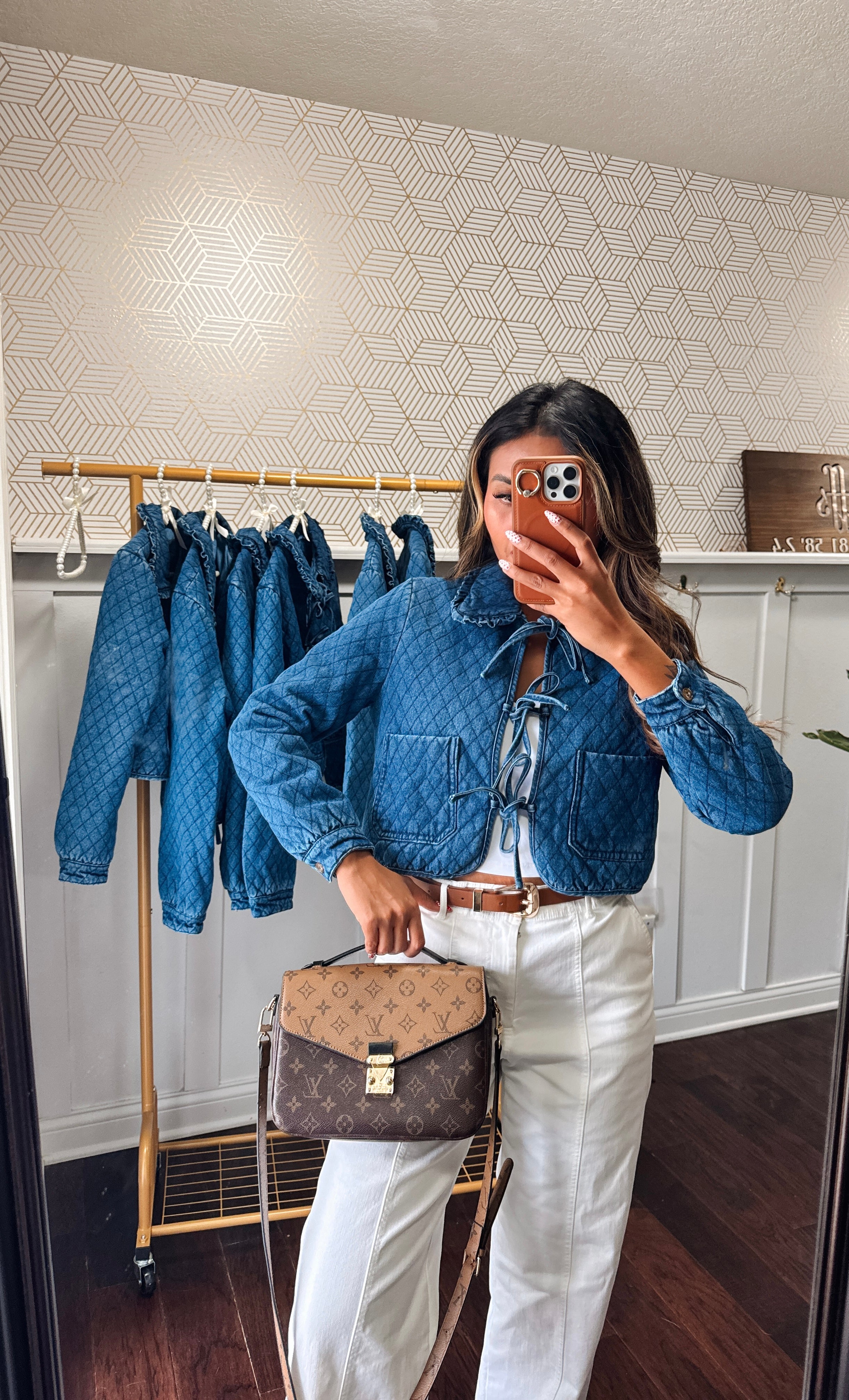 Collared front ribbon long sleeves quilted denim