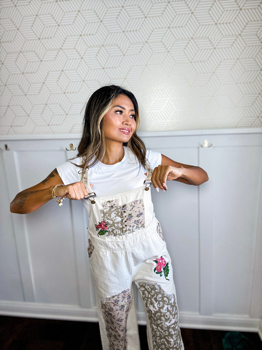 Floral patchwork embroidery overall