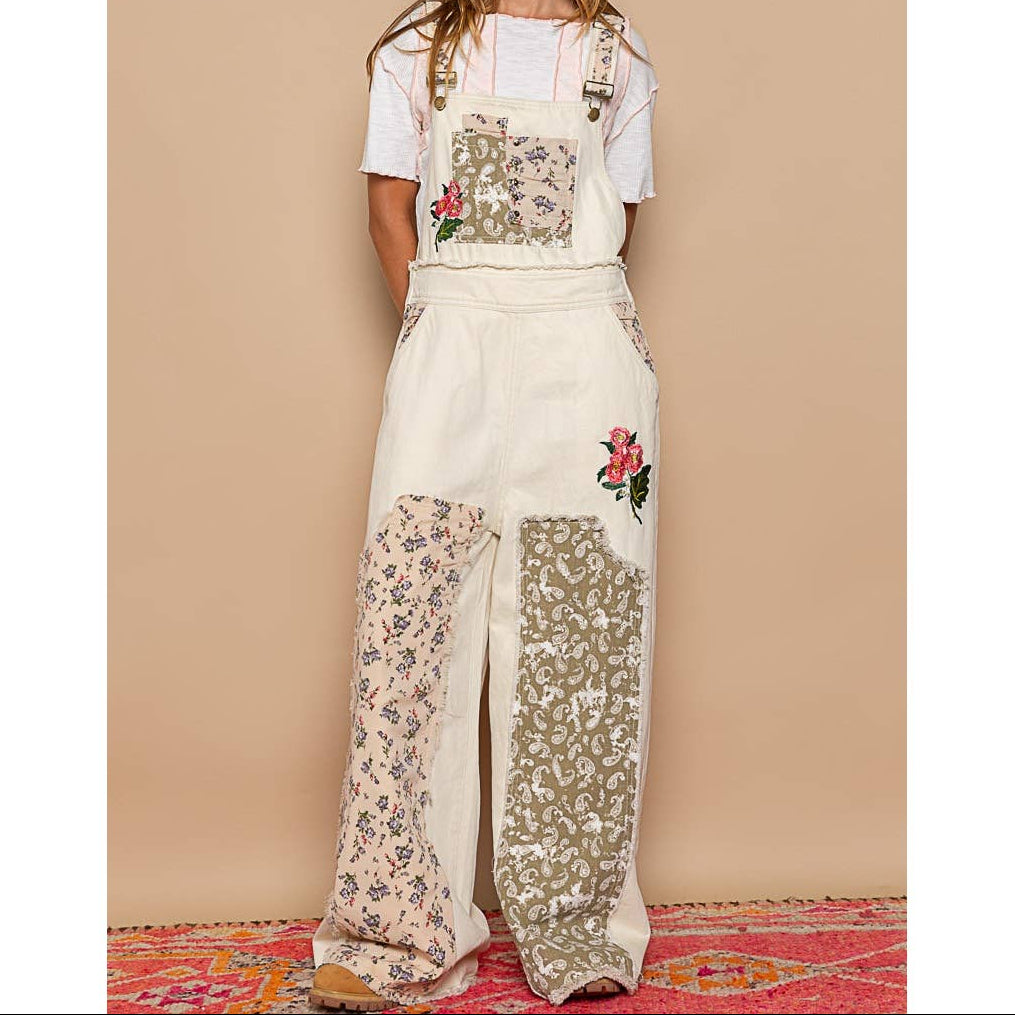 Floral patchwork embroidery overall