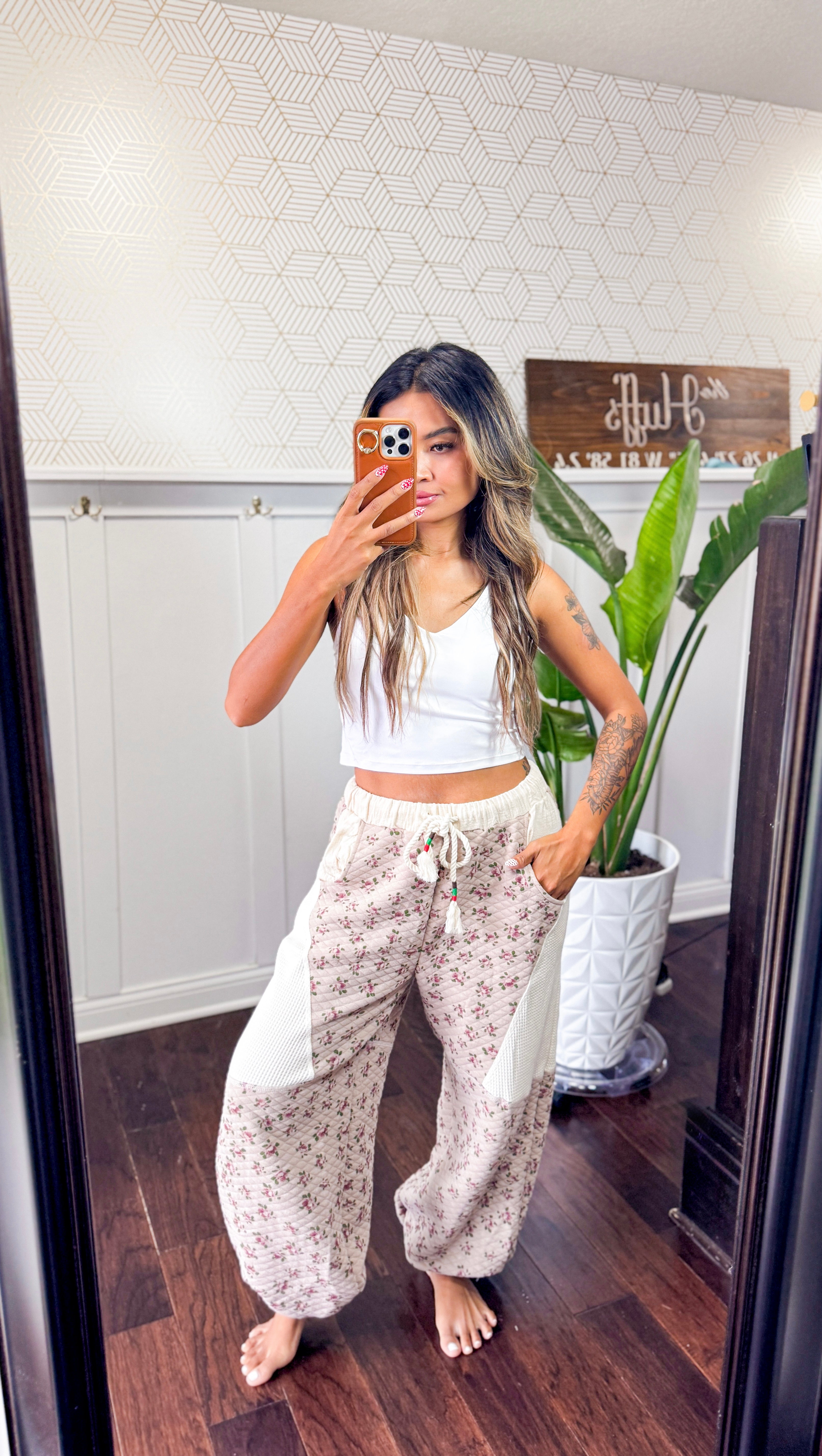 Double gauze patchwork quilted print knit pants