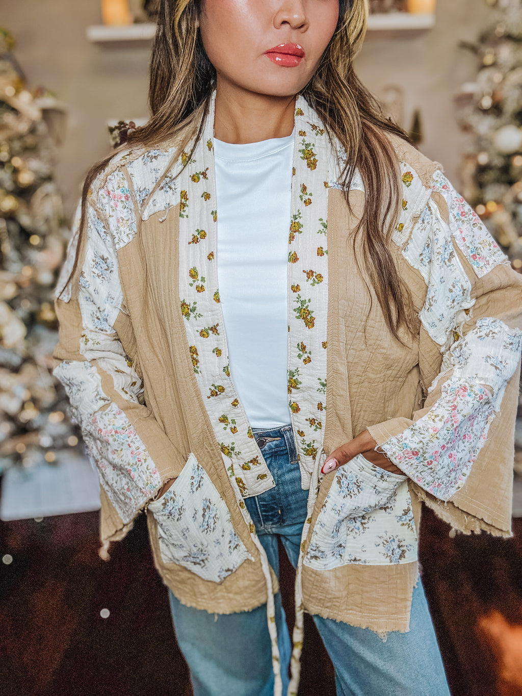 Long sleeve double gauze varied patch kimono cardigan