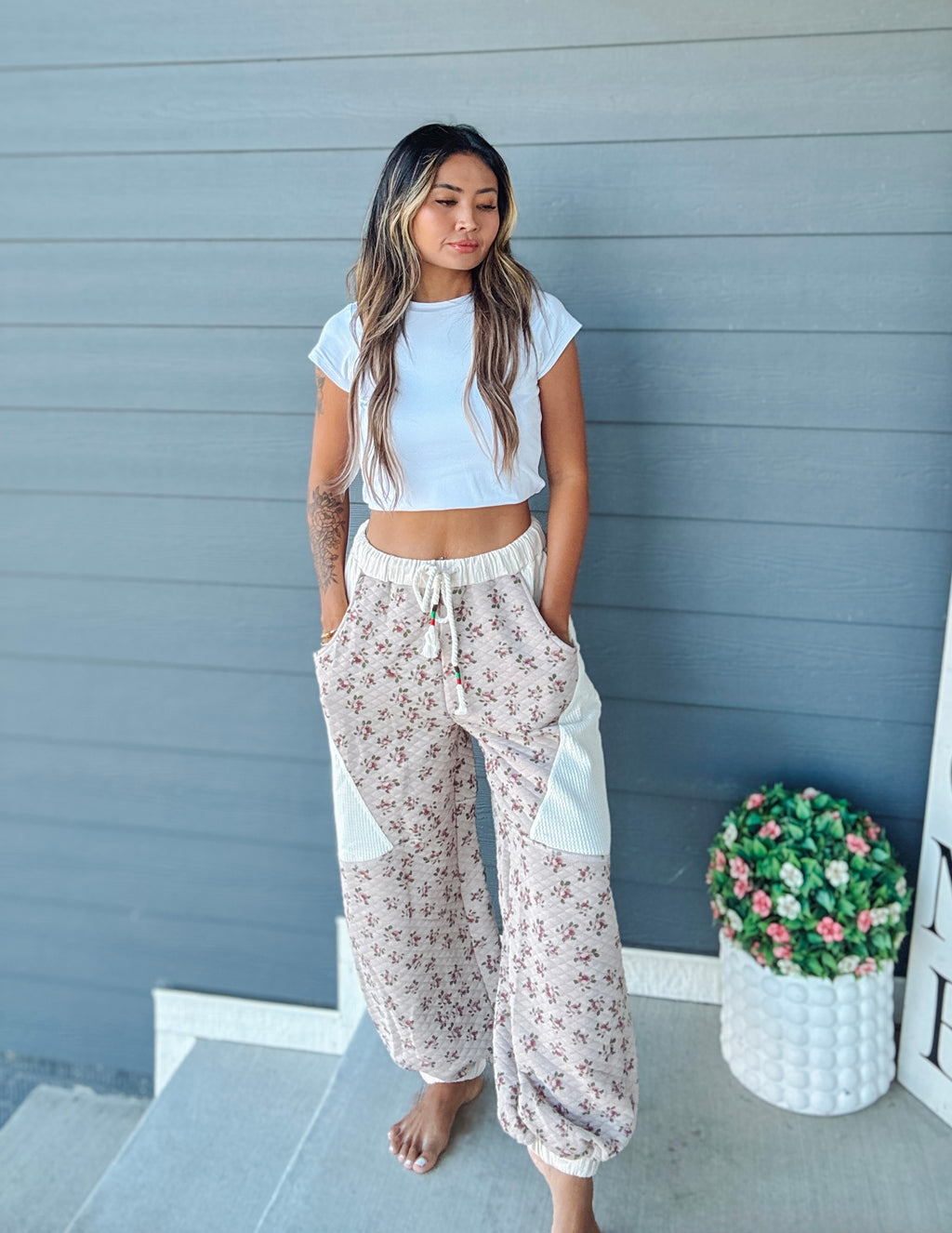 Double gauze patchwork quilted print knit pants