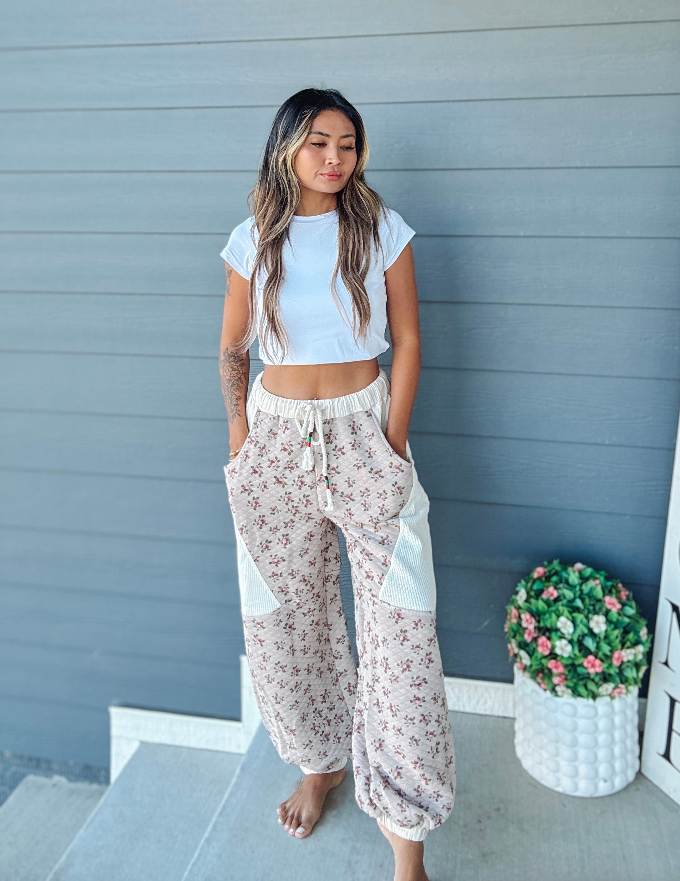 Double gauze patchwork quilted print knit pants