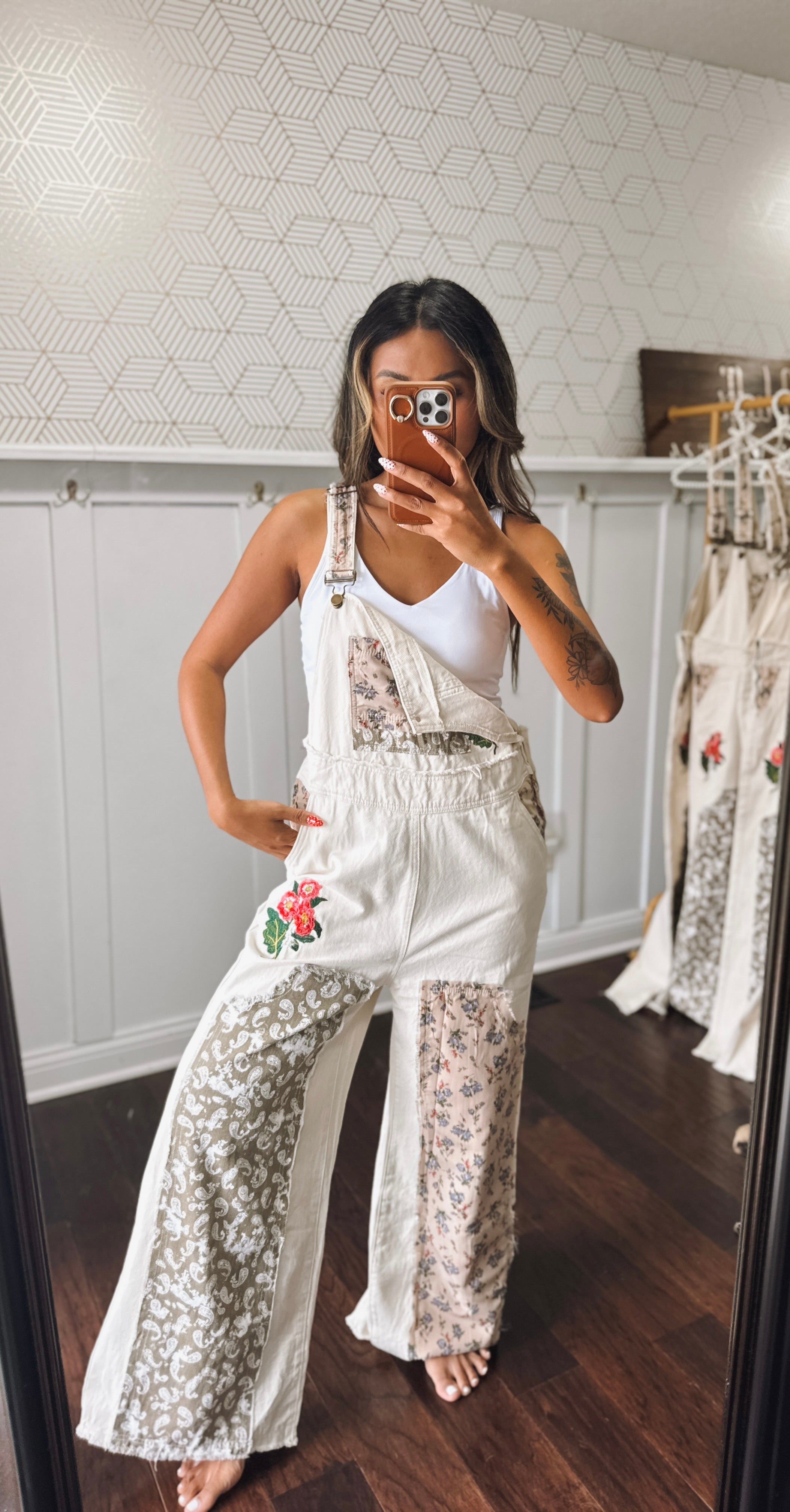 Floral patchwork embroidery overall