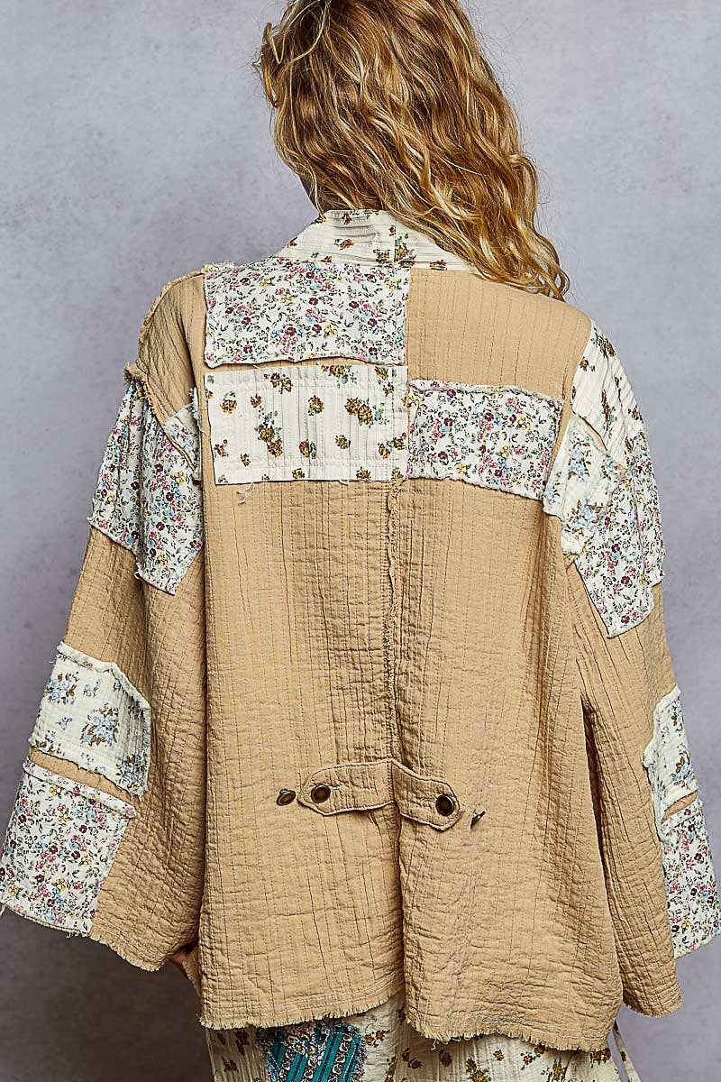 Long sleeve double gauze varied patch kimono cardigan
