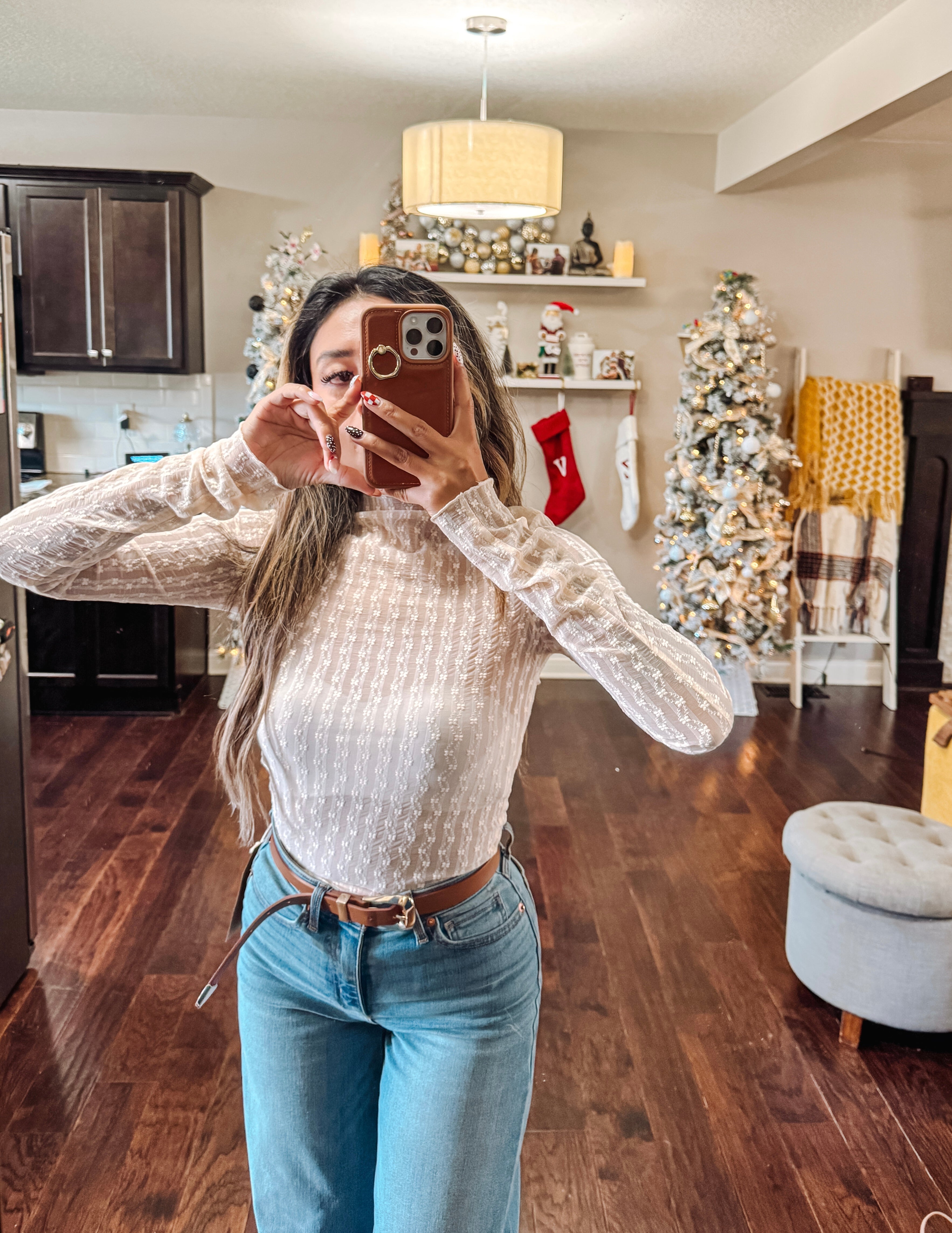 Semi Sheer Textured Lace Long-Sleeve Layering Top