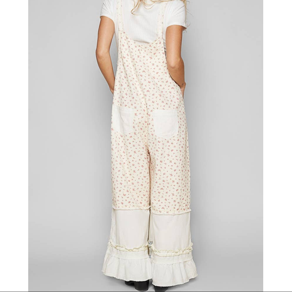 Floral pattern ruffle pockets overall pants