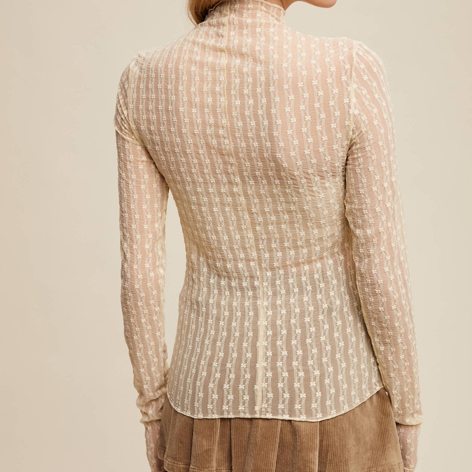 Semi Sheer Textured Lace Long-Sleeve Layering Top