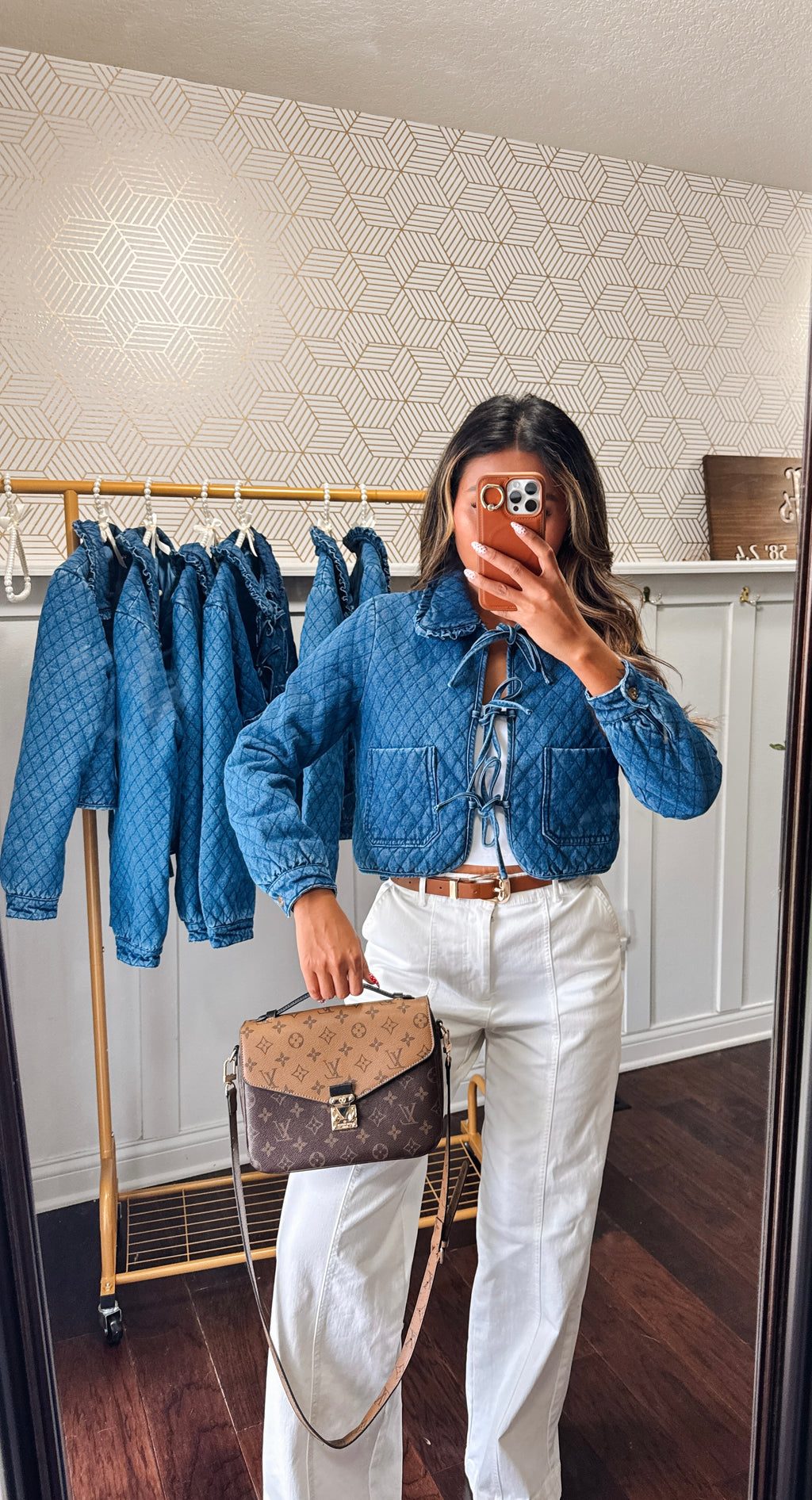 Collared front ribbon long sleeves quilted denim