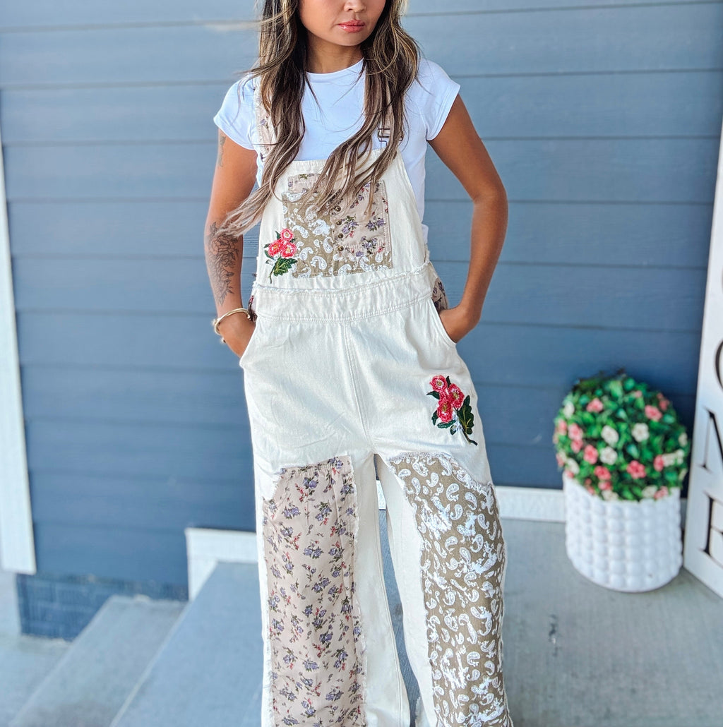 Floral patchwork embroidery overall