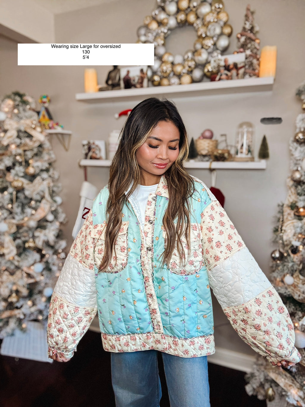 Long sleeve floral print color block quilted woven jacket