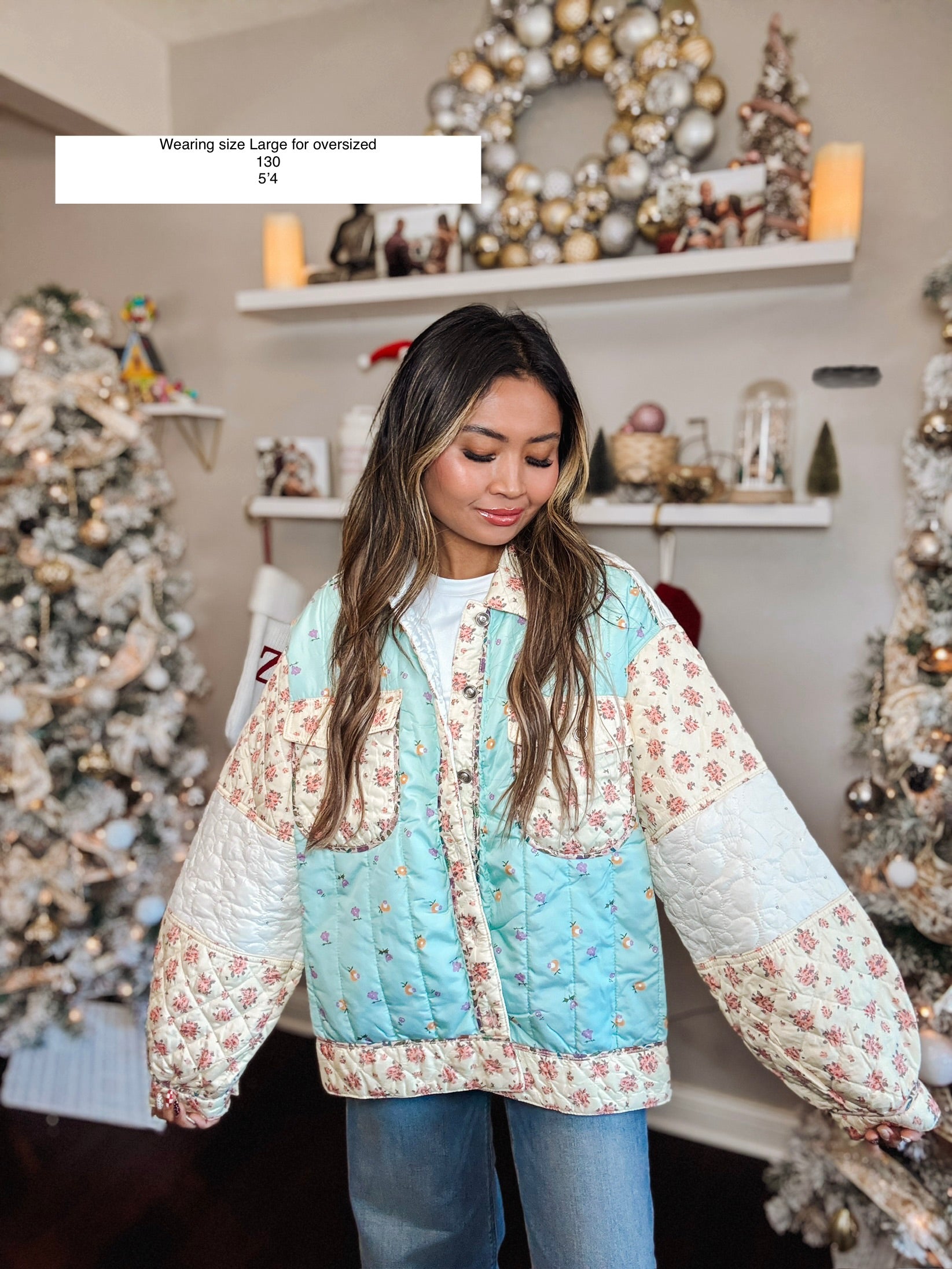 Long sleeve floral print color block quilted woven jacket