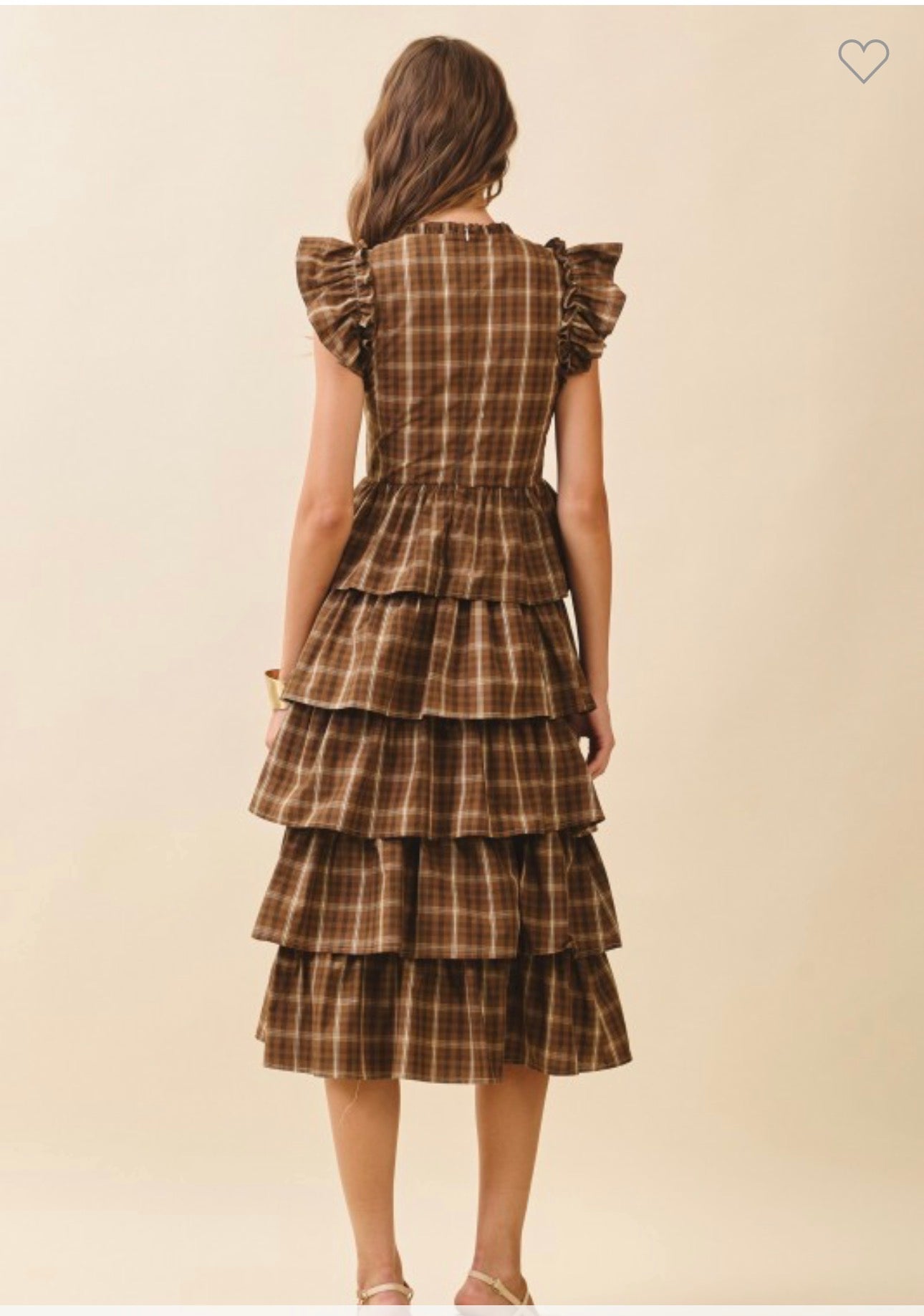 Plaid round neck ruffles cap sleeve midi dress