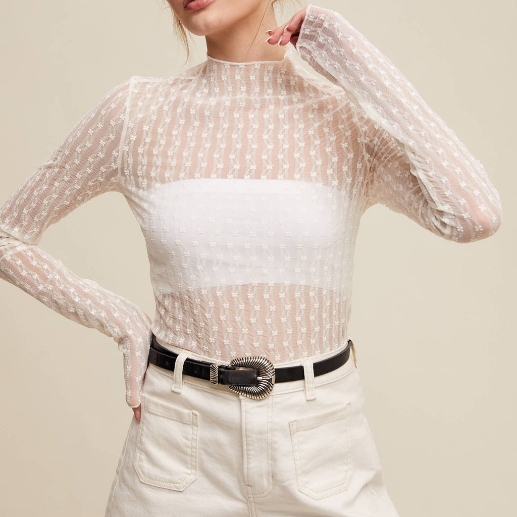 Semi Sheer Textured Lace Long-Sleeve Layering Top