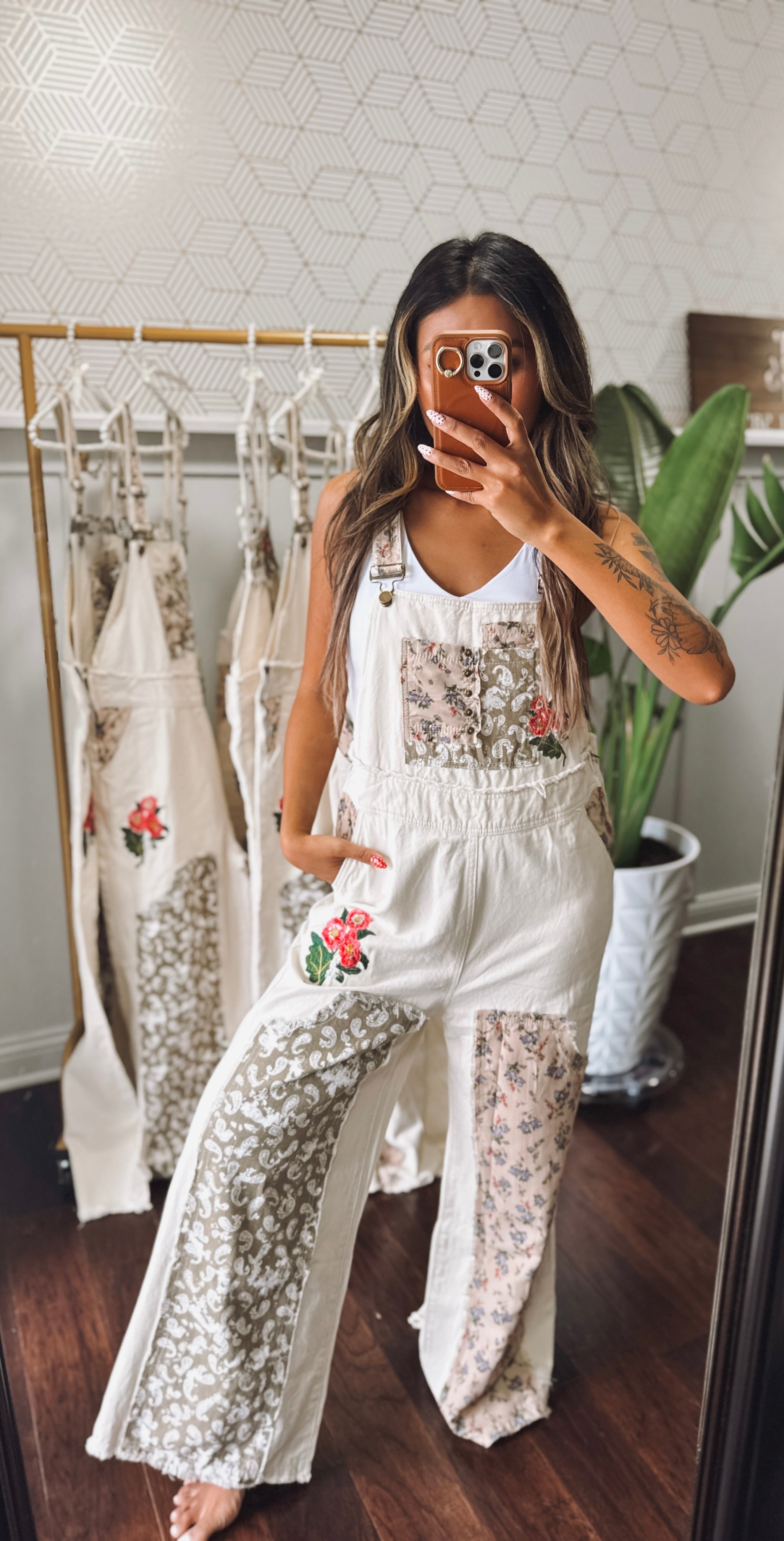 Floral patchwork embroidery overall