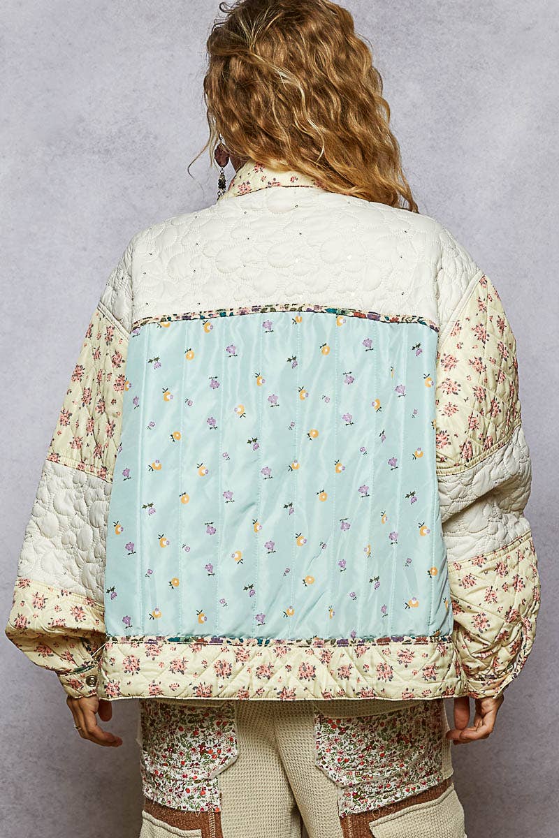 Long sleeve floral print color block quilted woven jacket