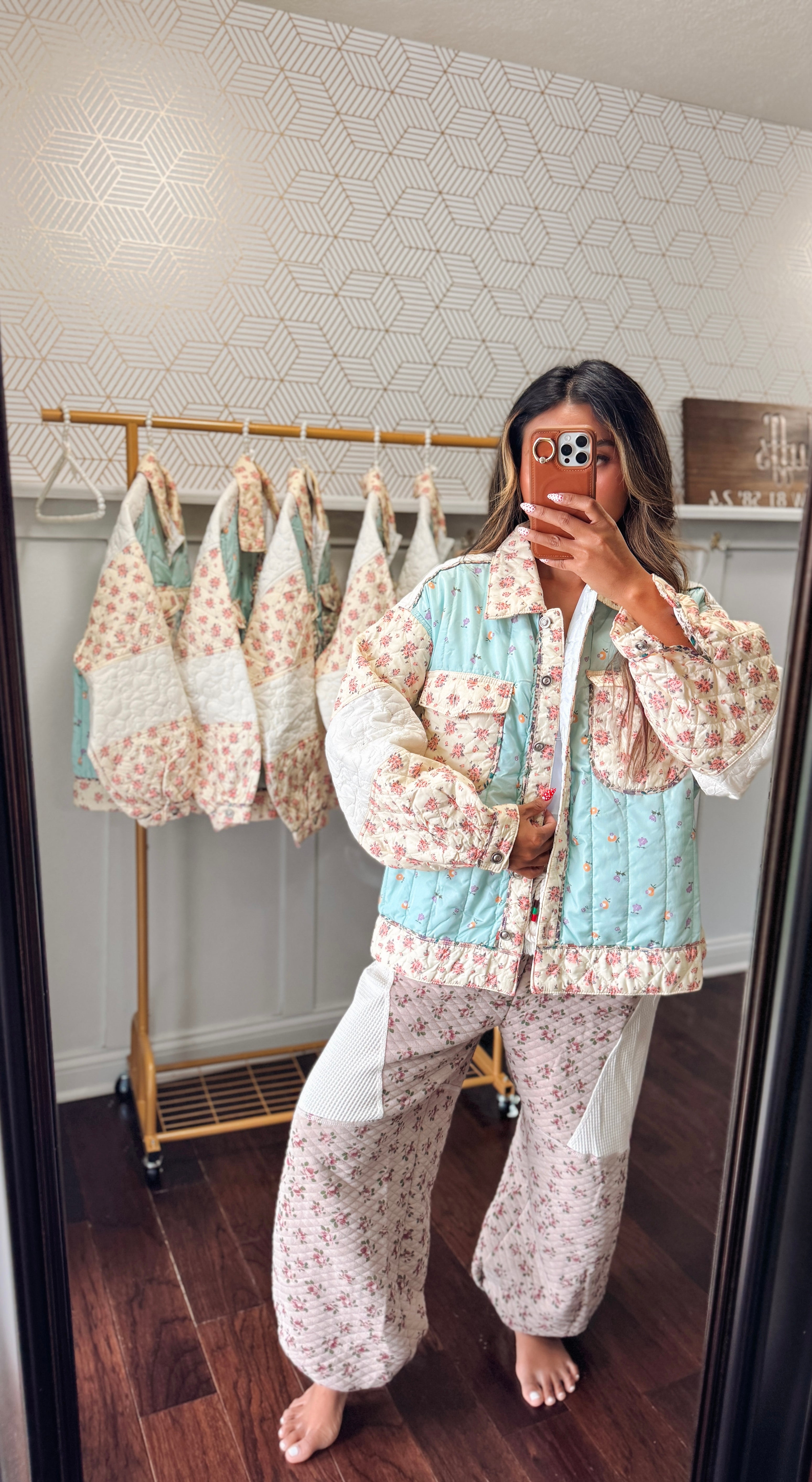 Long sleeve floral print color block quilted woven jacket