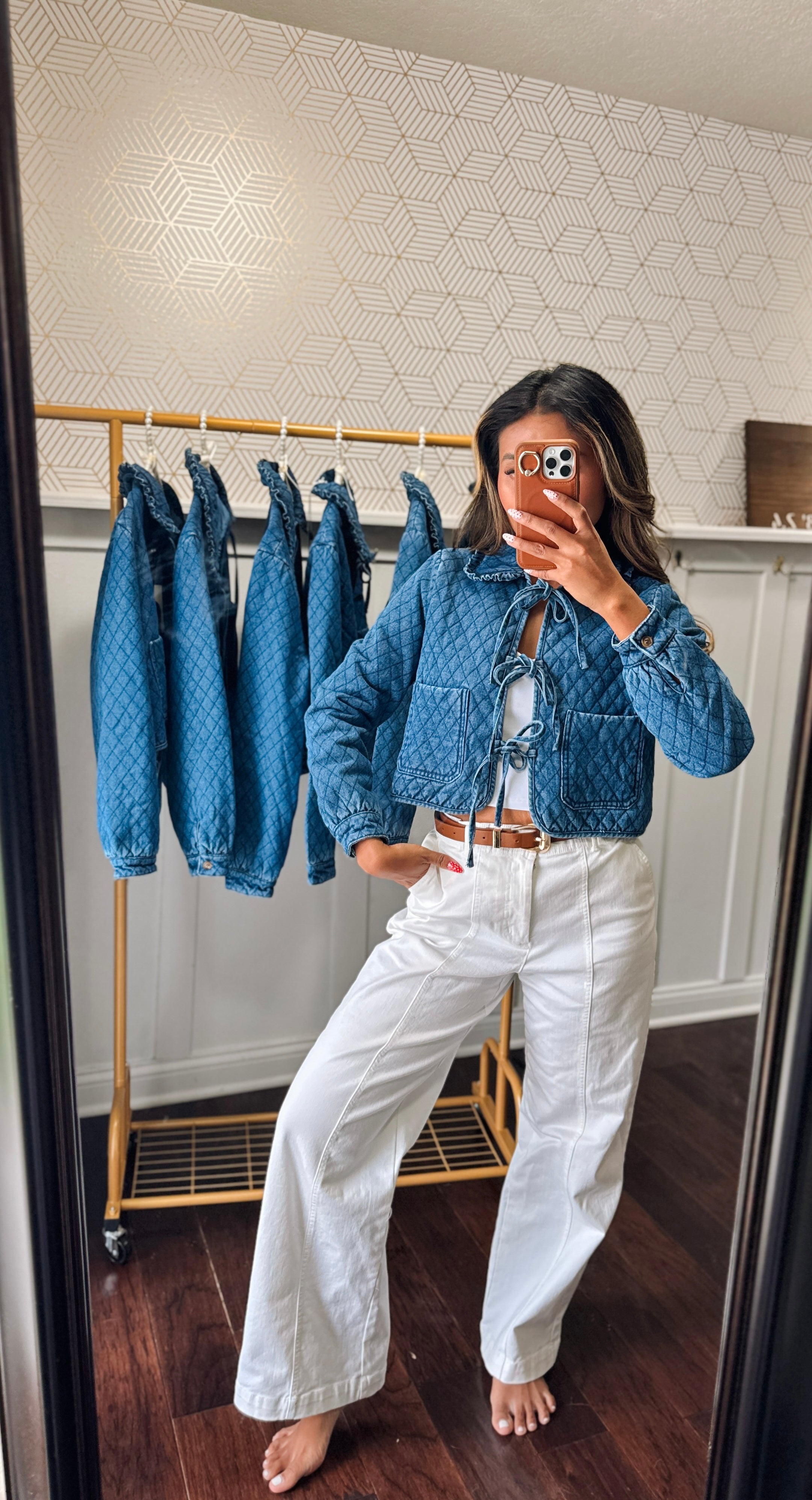 Collared front ribbon long sleeves quilted denim