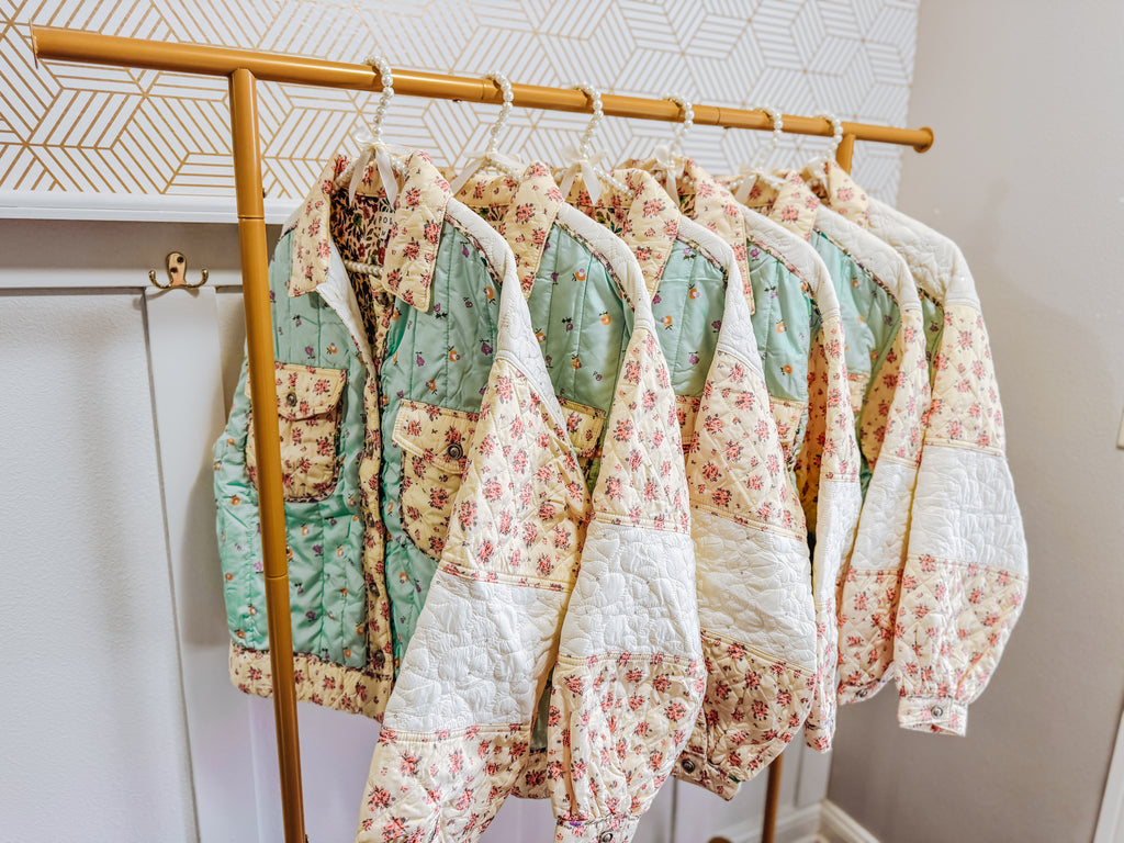 Long sleeve floral print color block quilted woven jacket