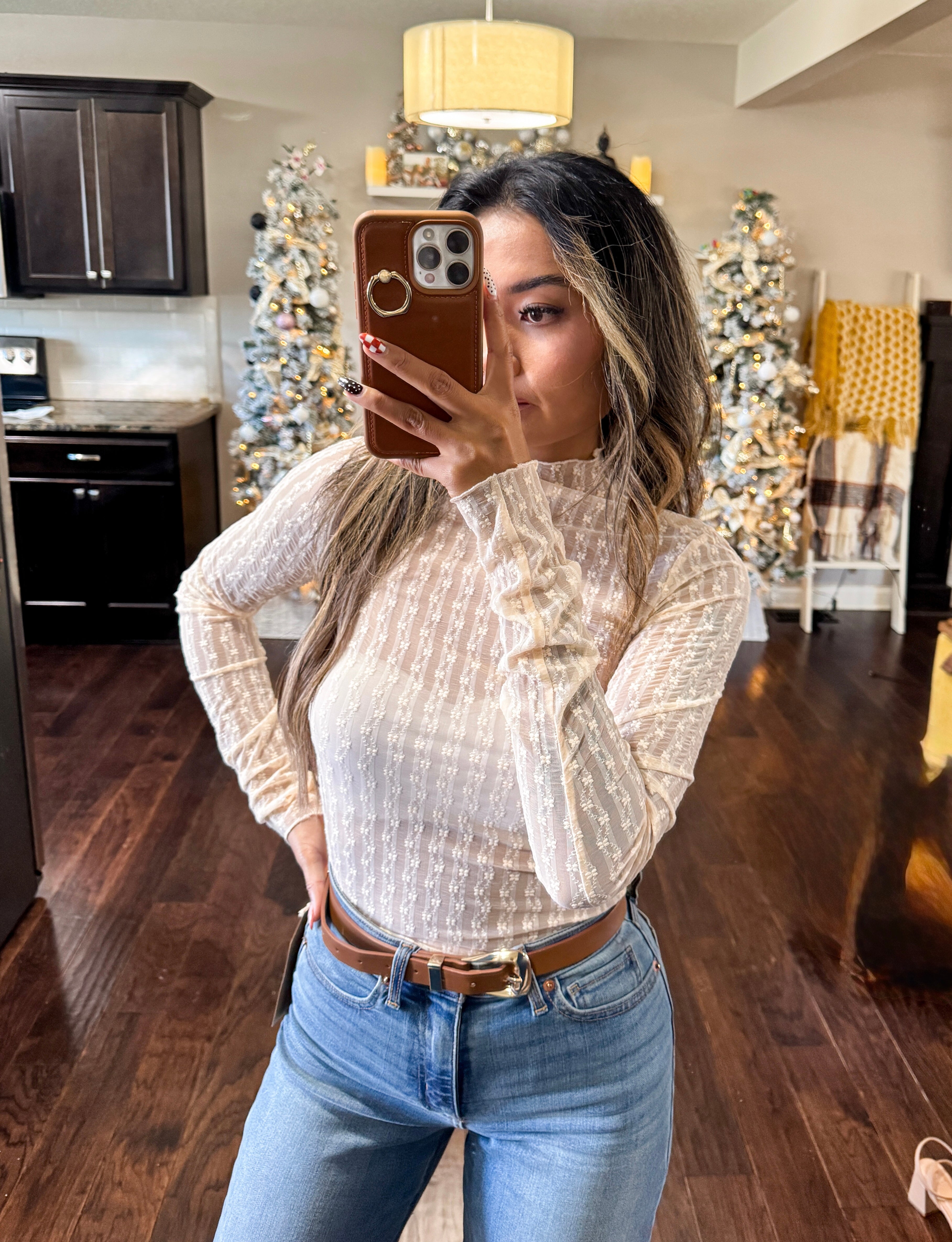 Semi Sheer Textured Lace Long-Sleeve Layering Top