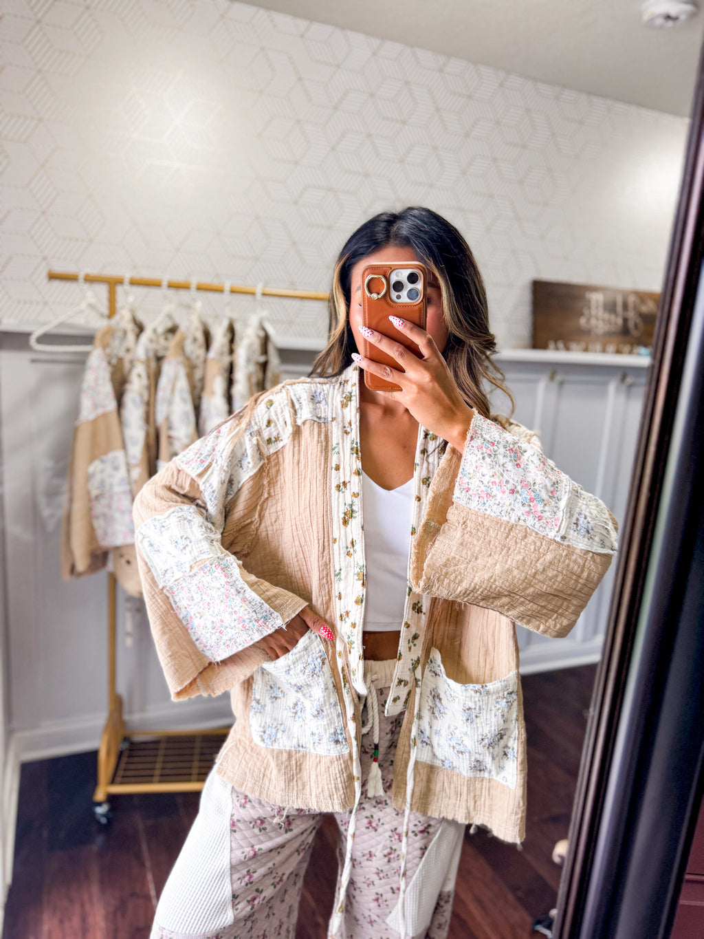 Long sleeve double gauze varied patch kimono cardigan