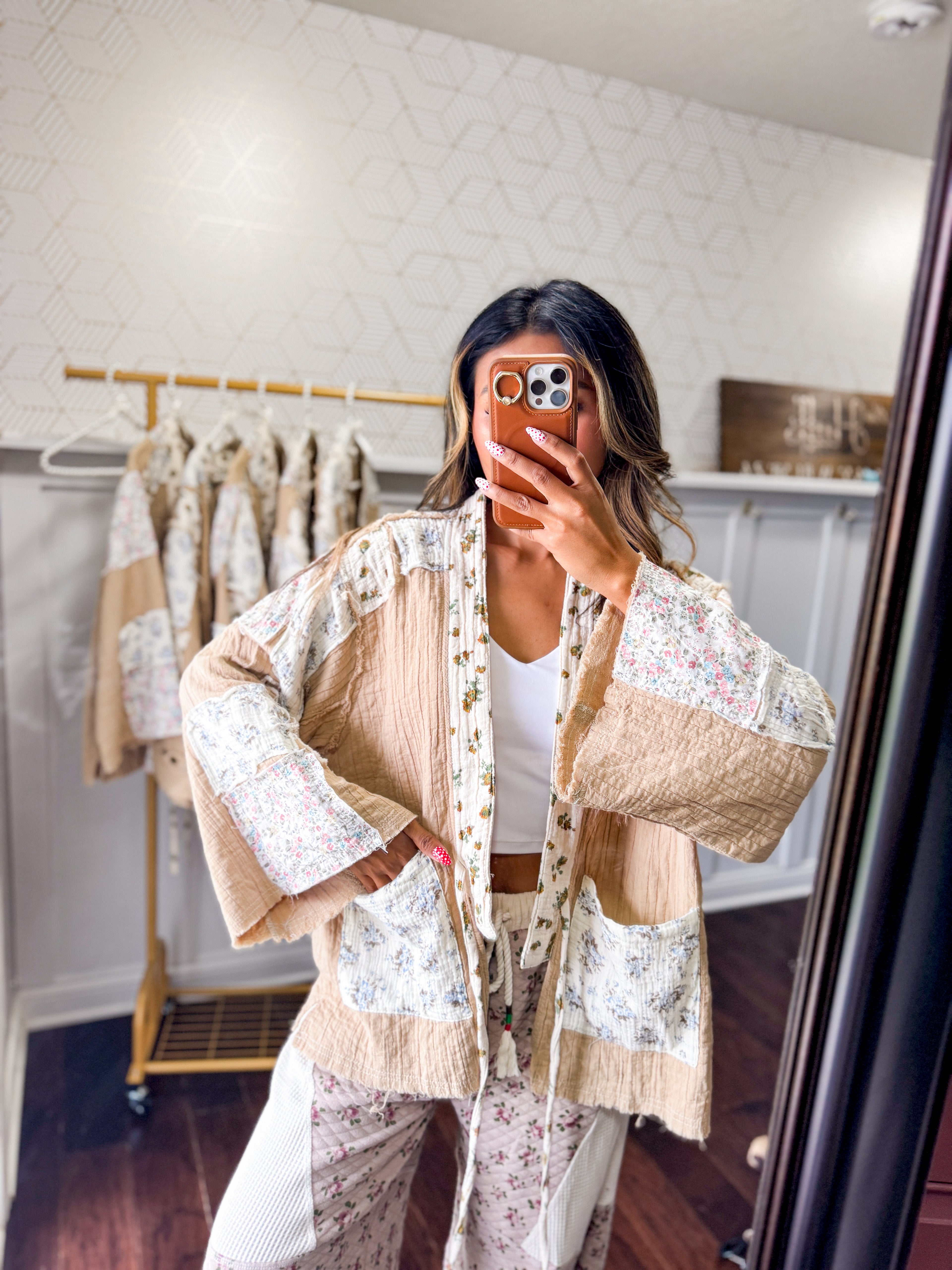 Long sleeve double gauze varied patch kimono cardigan