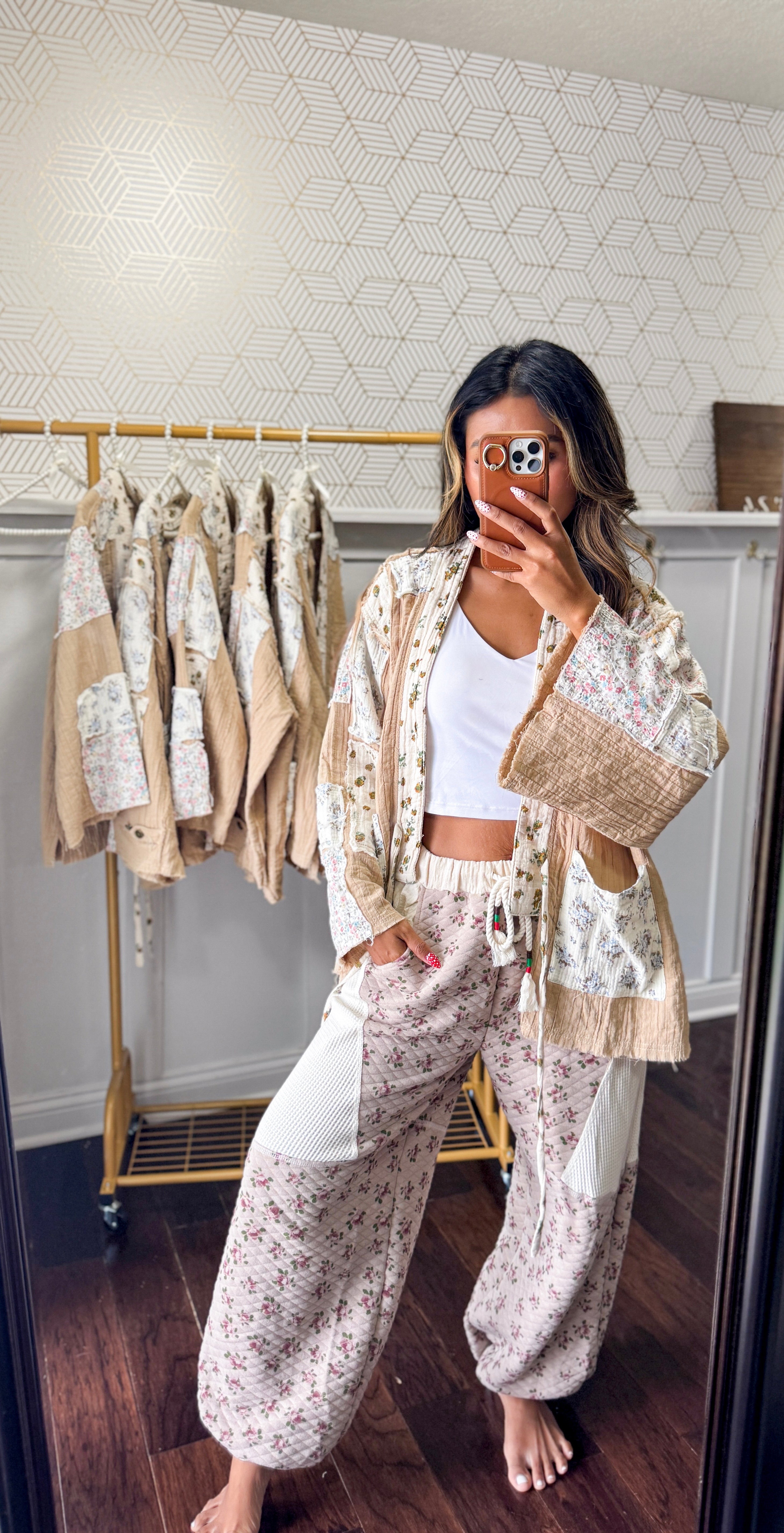 Long sleeve double gauze varied patch kimono cardigan