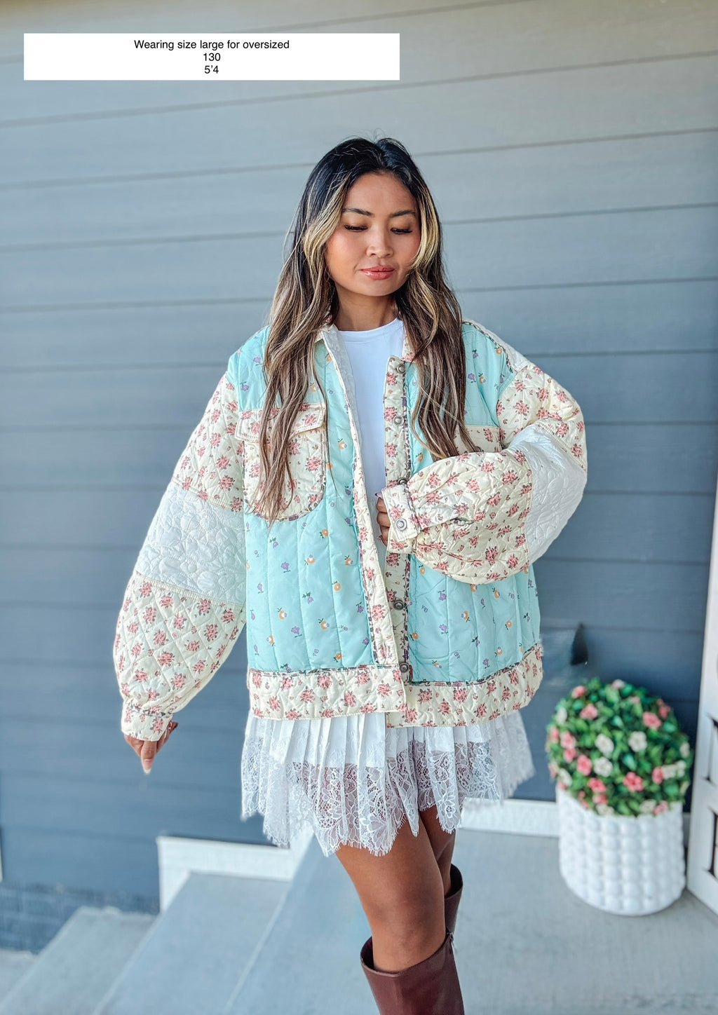 Long sleeve floral print color block quilted woven jacket