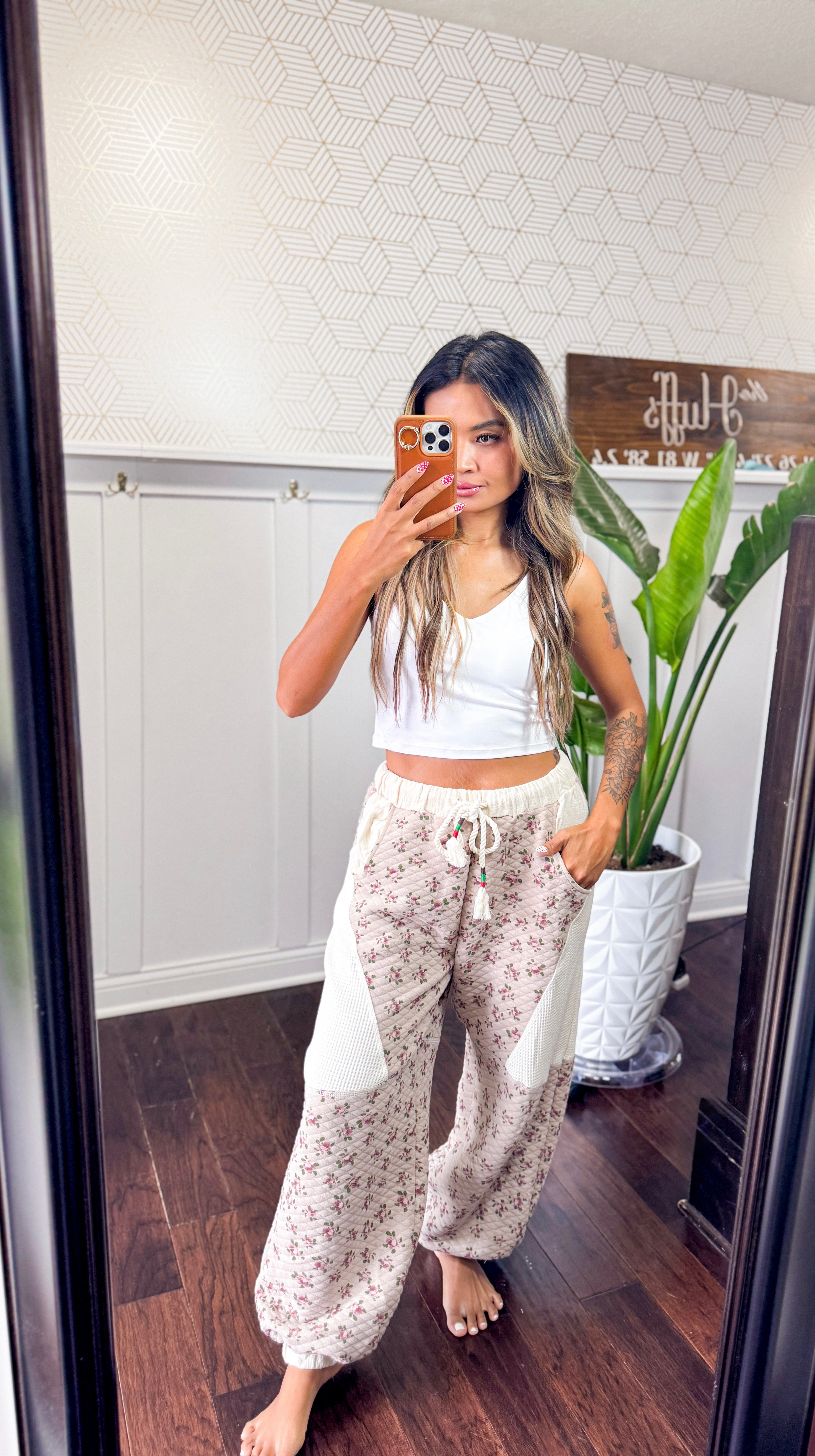 Double gauze patchwork quilted print knit pants