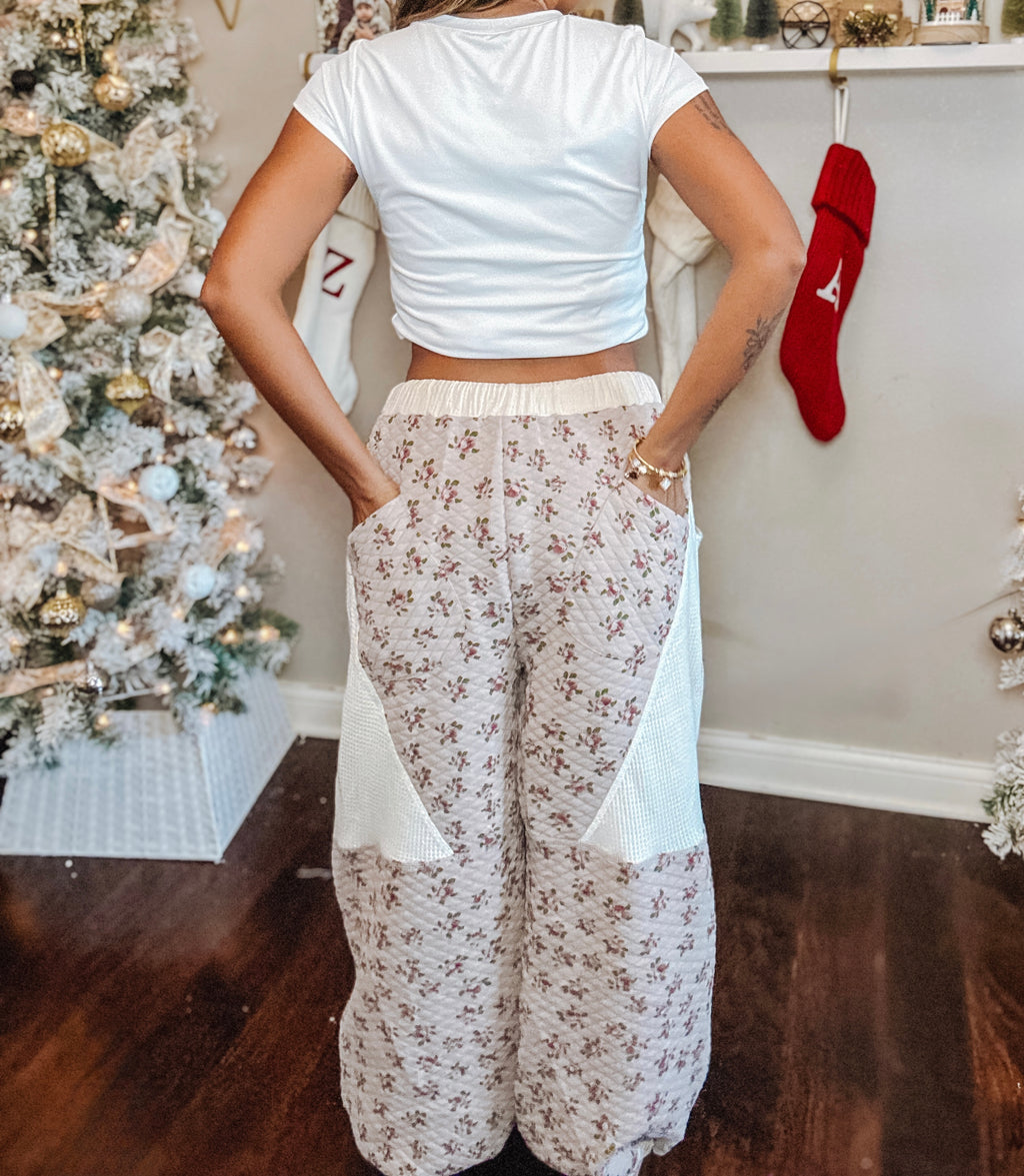 Double gauze patchwork quilted print knit pants