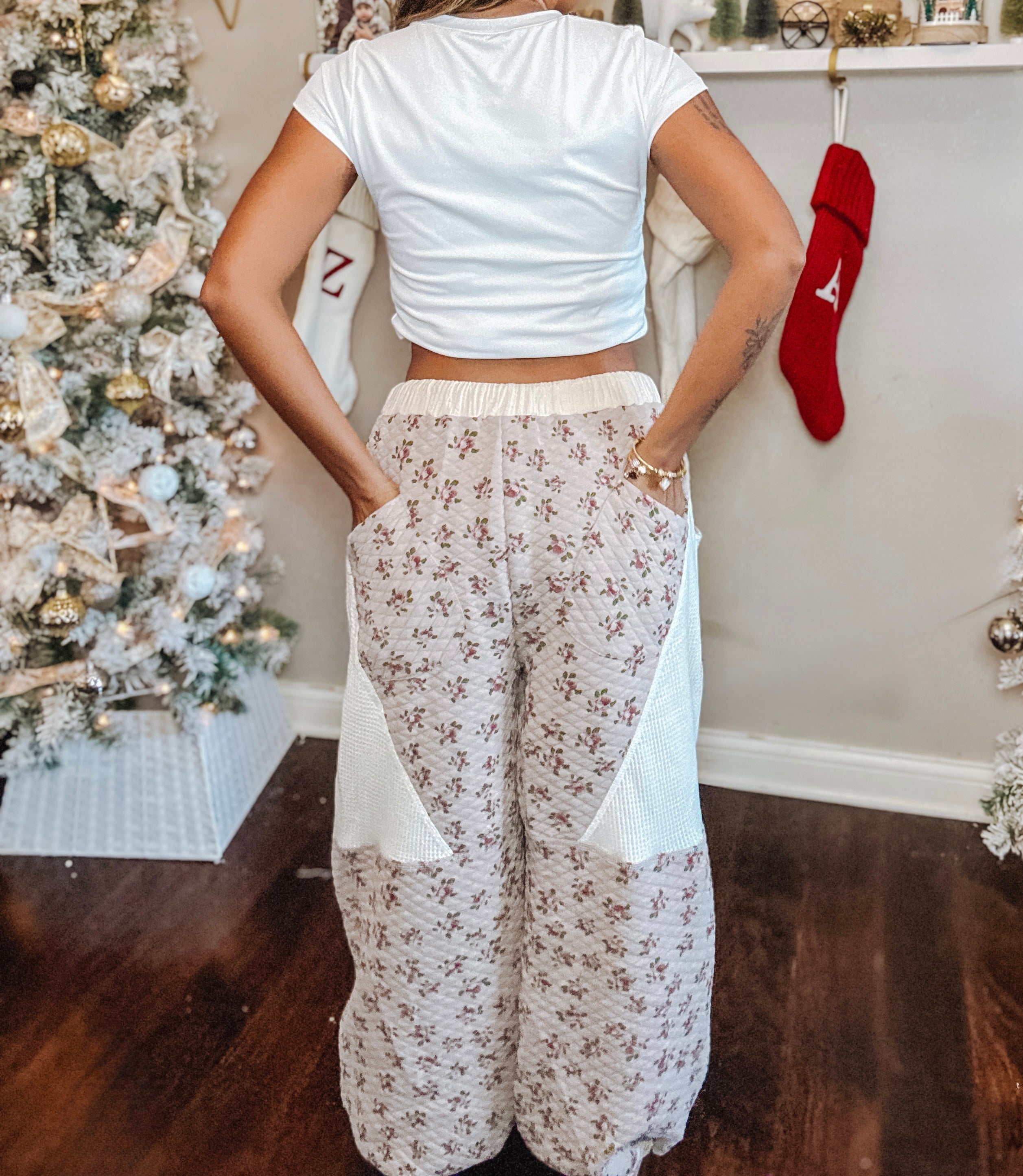 Double gauze patchwork quilted print knit pants