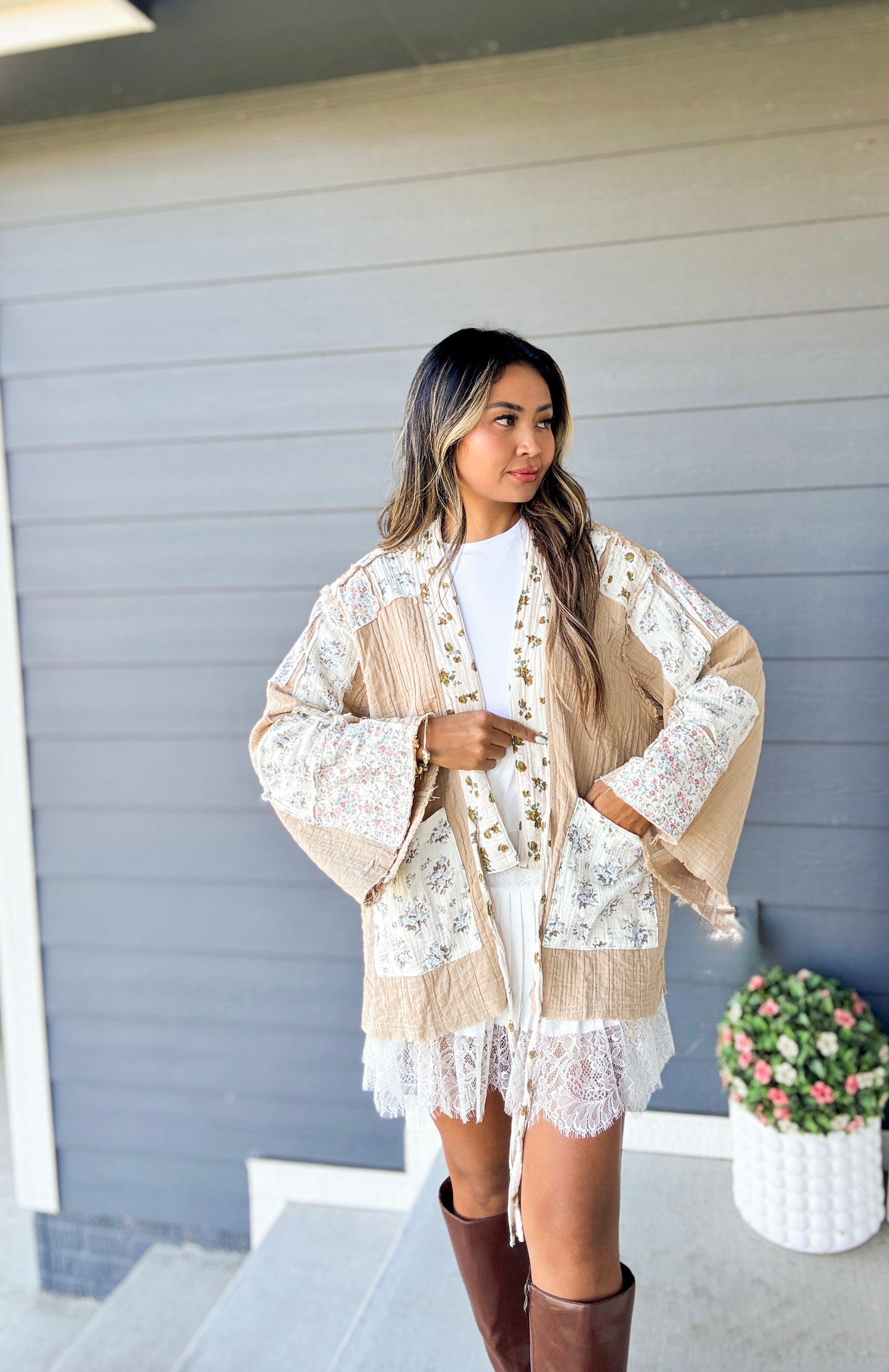 Long sleeve double gauze varied patch kimono cardigan