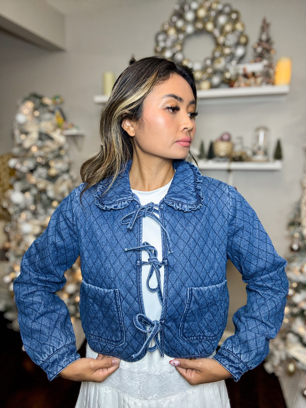 Collared front ribbon long sleeves quilted denim