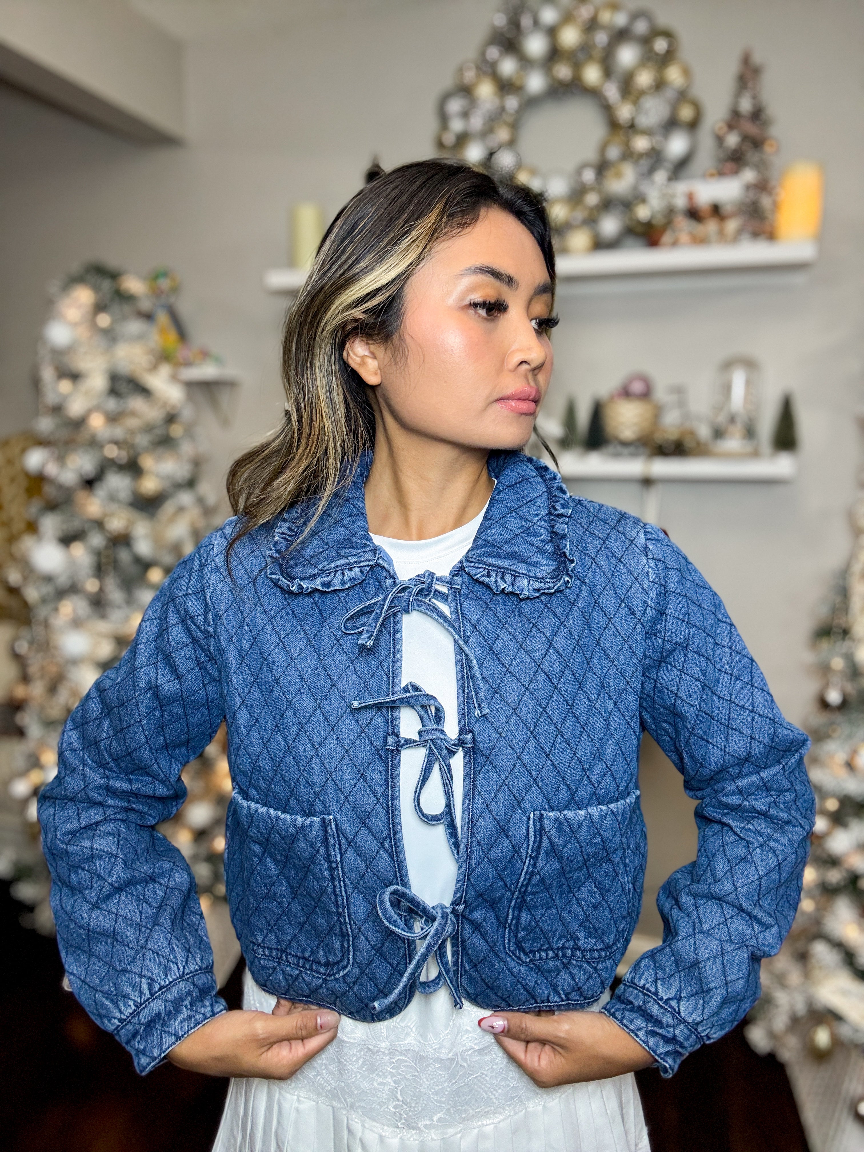 Collared front ribbon long sleeves quilted denim