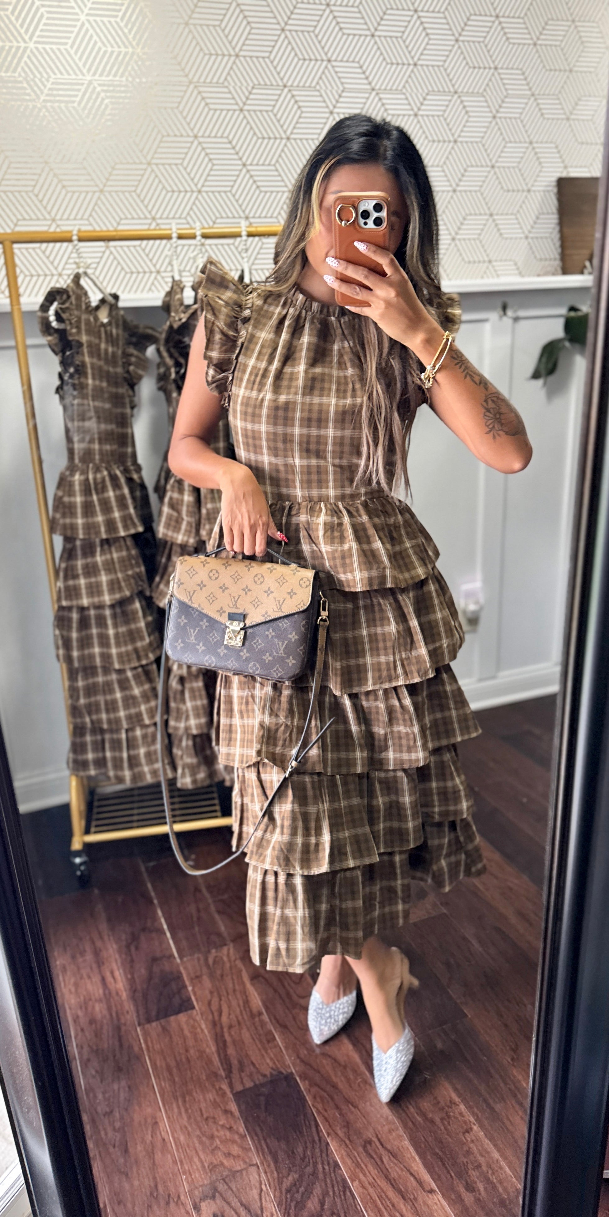 Plaid round neck ruffles cap sleeve midi dress