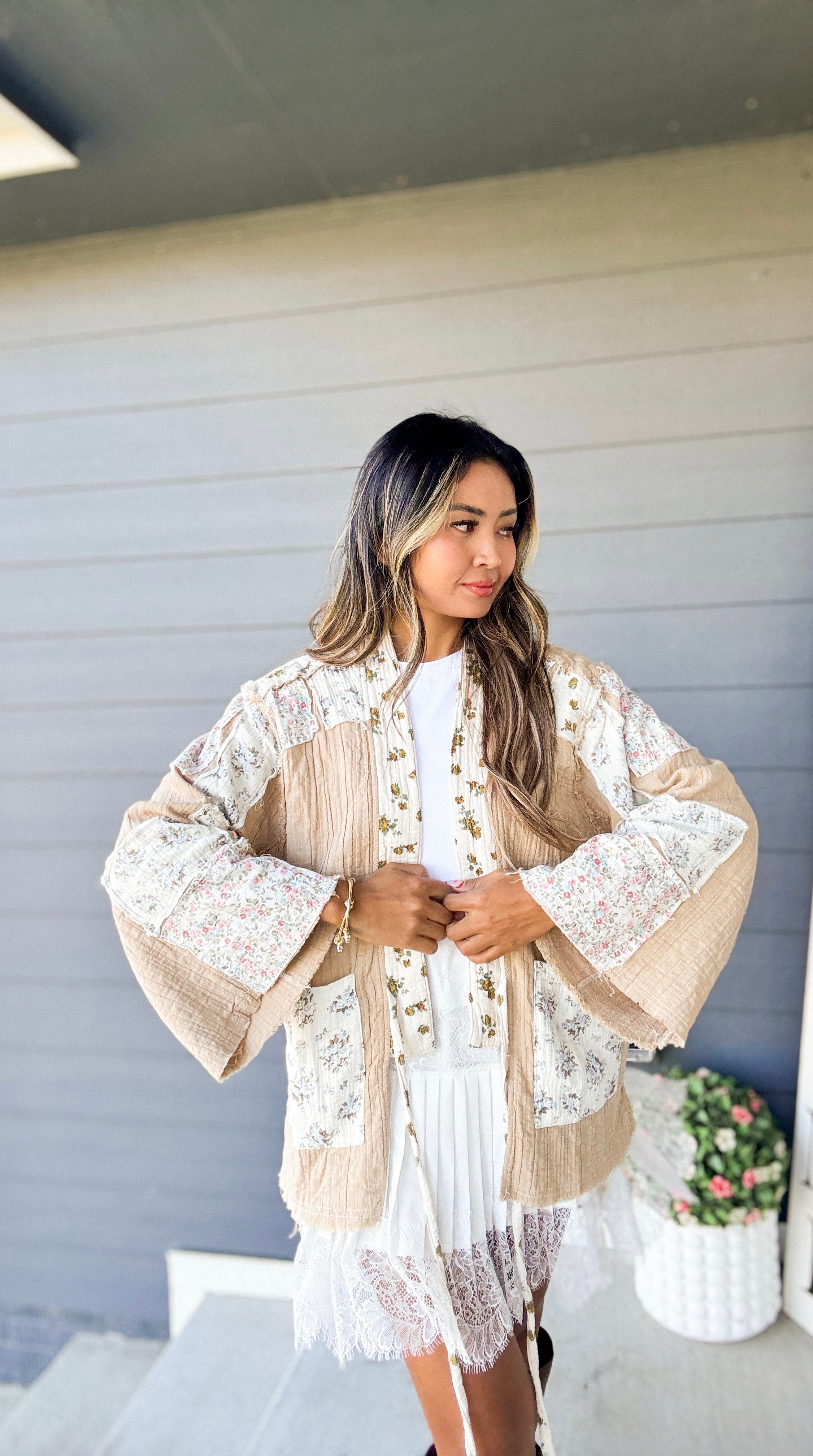 Long sleeve double gauze varied patch kimono cardigan