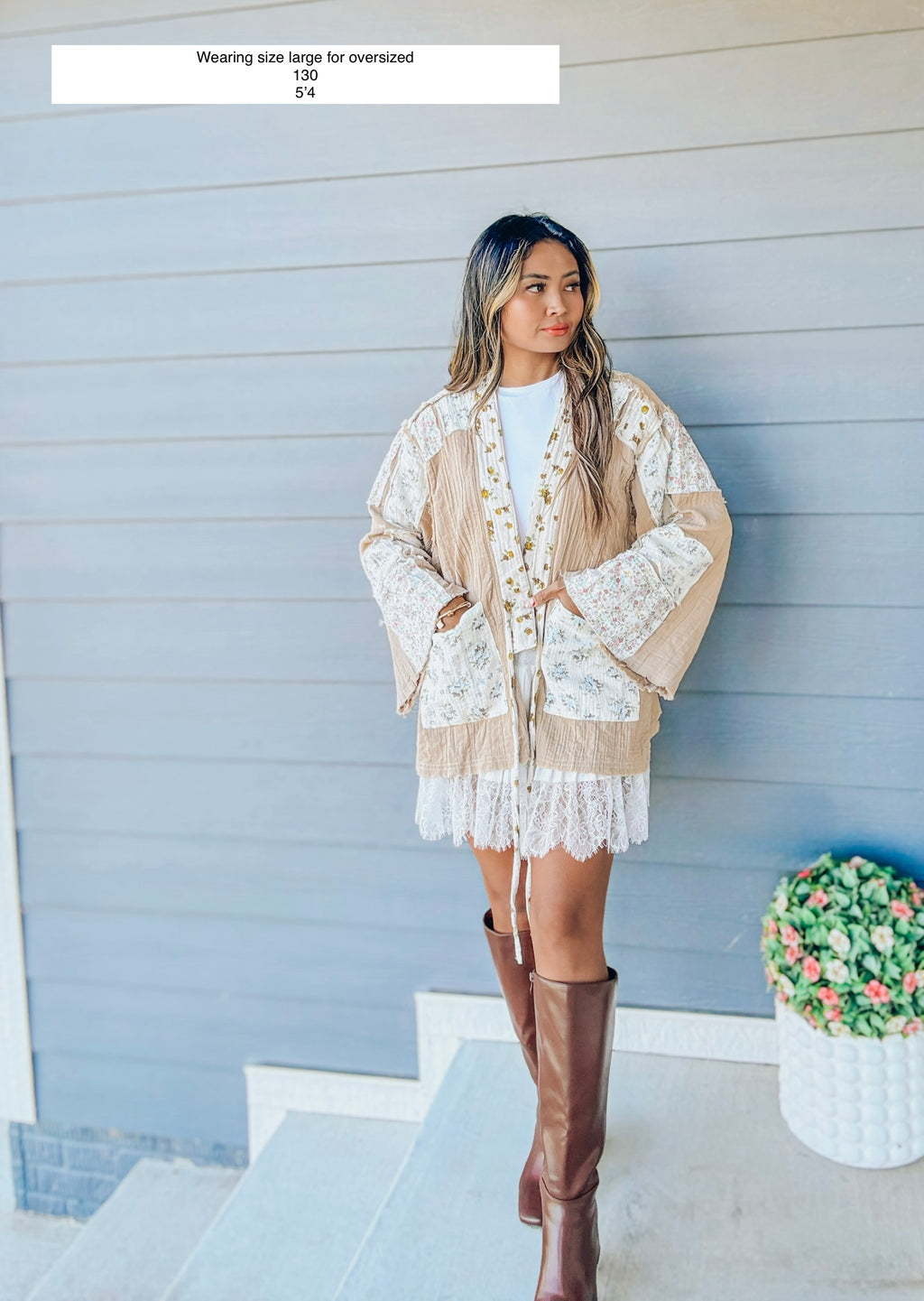 Long sleeve double gauze varied patch kimono cardigan