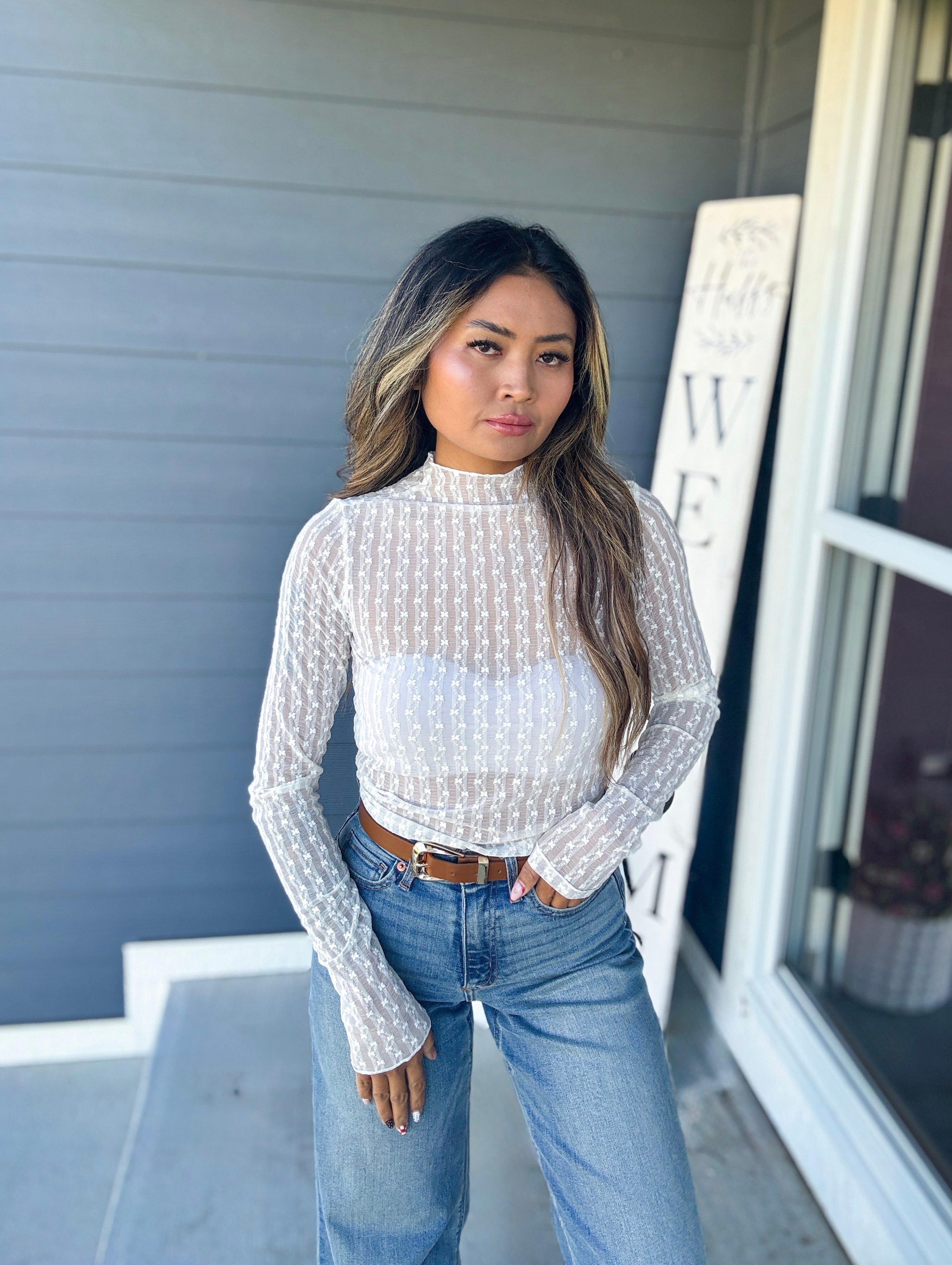 Semi Sheer Textured Lace Long-Sleeve Layering Top