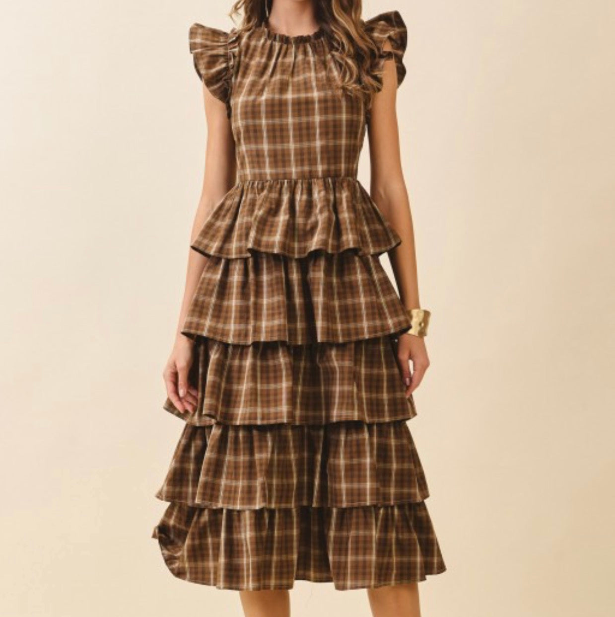 Plaid round neck ruffles cap sleeve midi dress