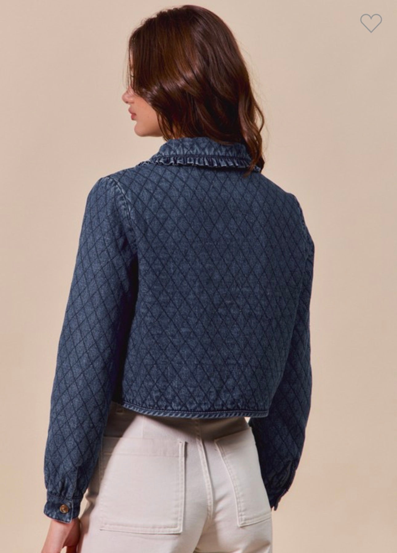 Collared front ribbon long sleeves quilted denim
