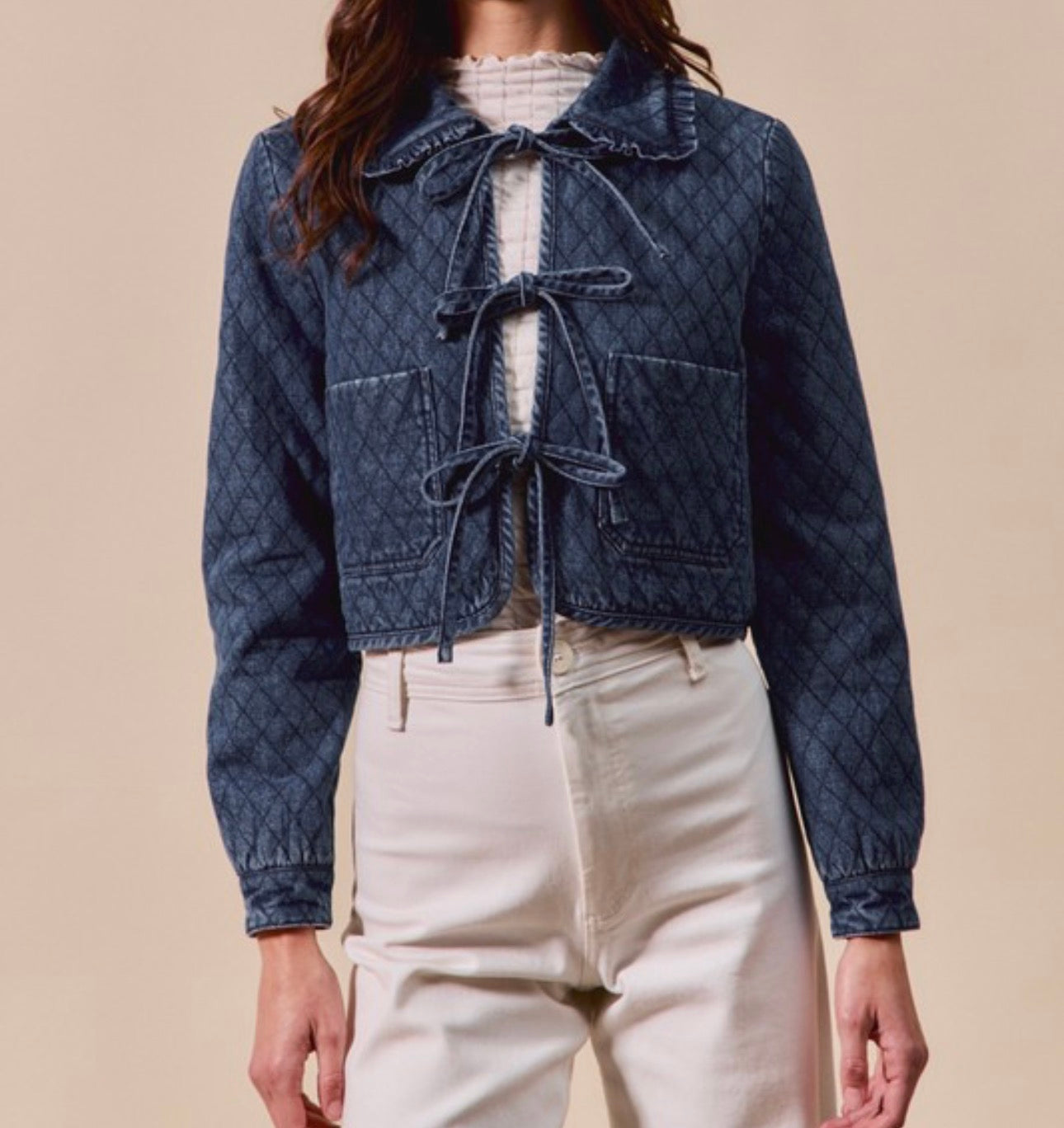 Collared front ribbon long sleeves quilted denim