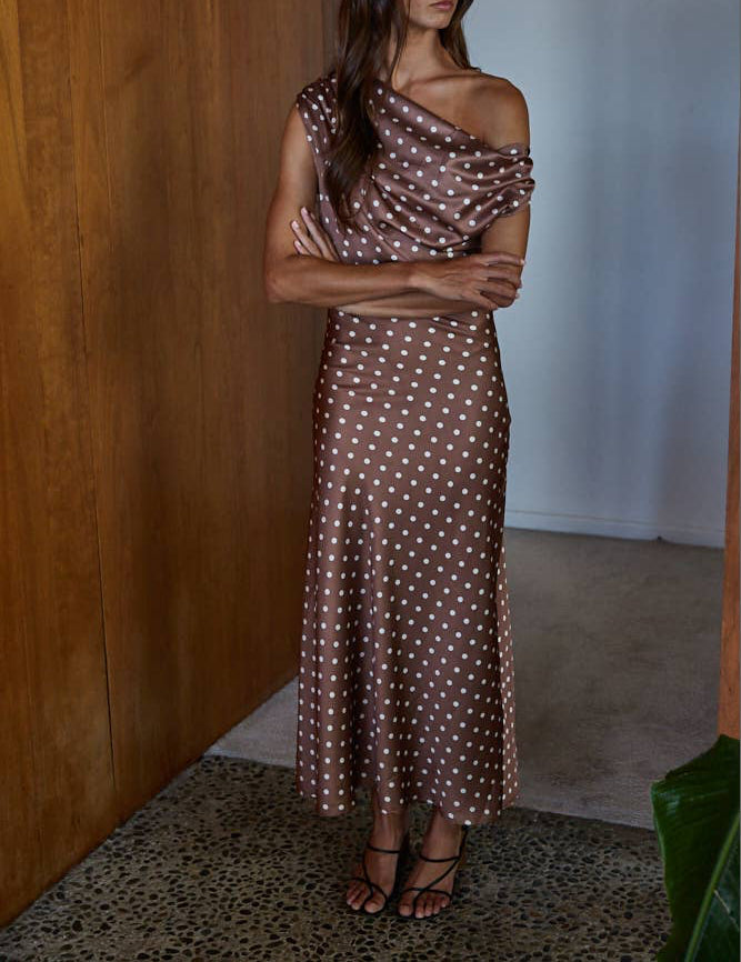 L9110 | Woven Polyester Satin Polka Dot Cowl Neck Maxi Dress